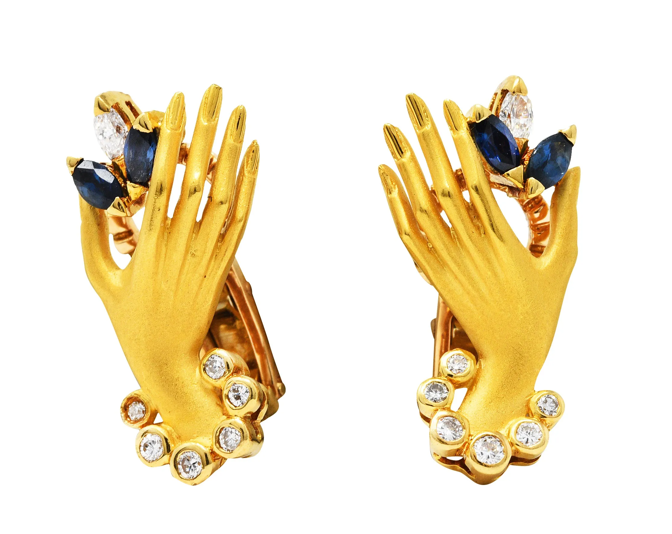 Carrera y Carrera 0.75 CTW Sapphire Diamond 18 Karat Gold Las Manos Hand Earrings