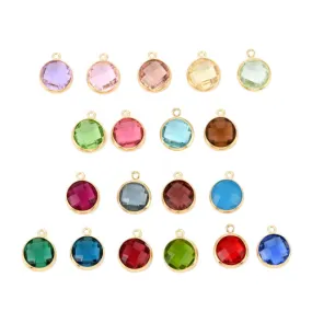 Charms, Bezel, Round, Birthstone, Faceted, Assorted, Crystal, Glass, Gold, Plated, Brass, 7mm