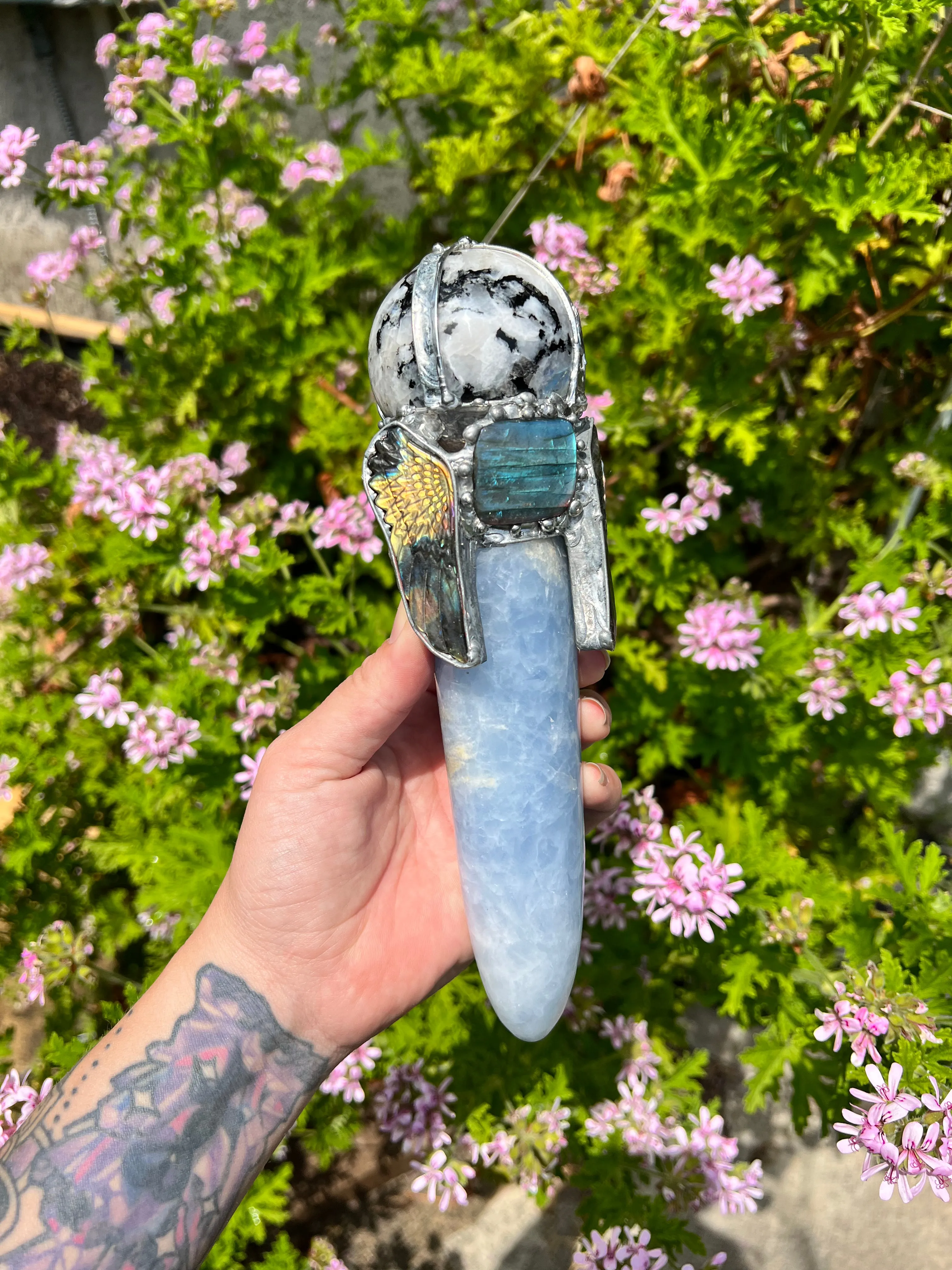 Compassionate Release wand; Moonstone and Blue Chalcedony Angel