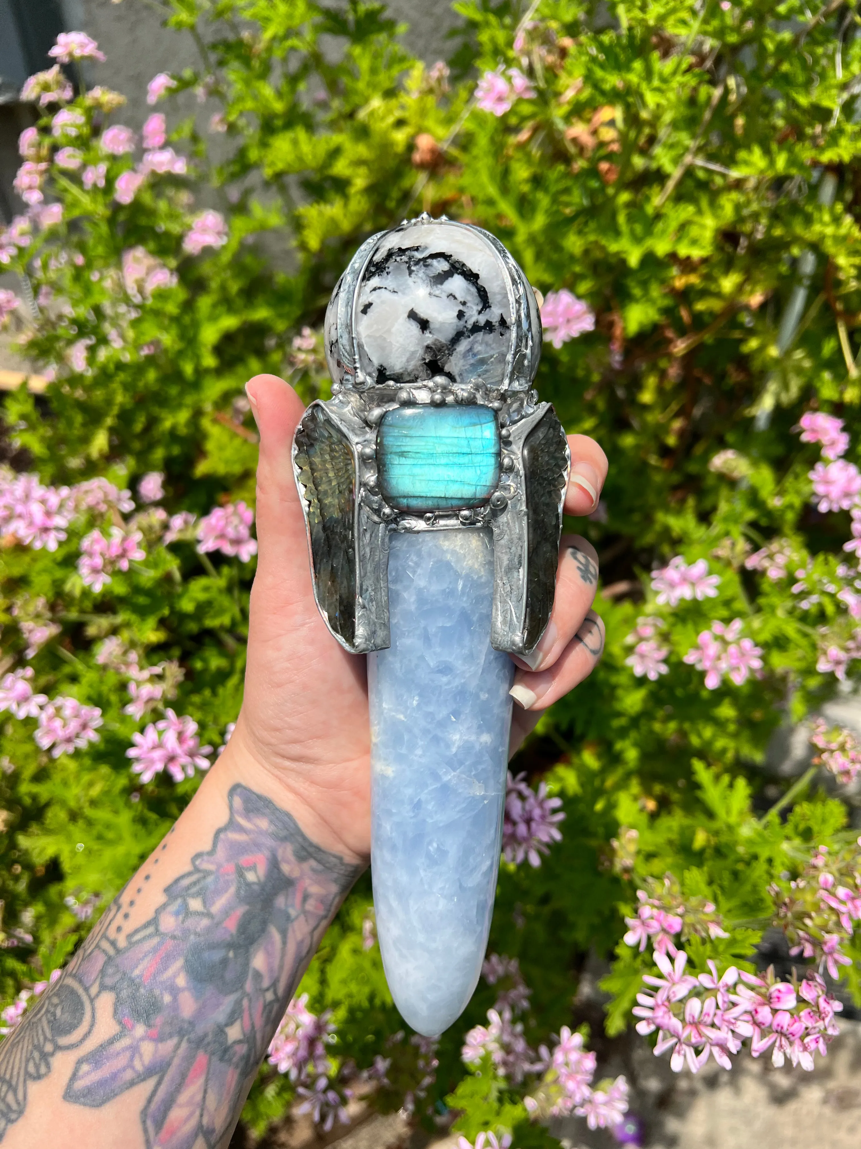 Compassionate Release wand; Moonstone and Blue Chalcedony Angel