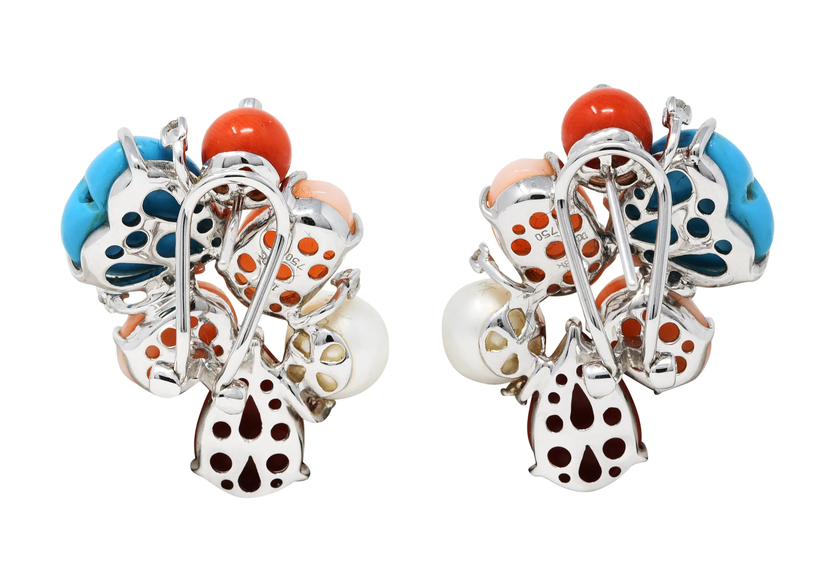 Coral Pearl Diamond Turquoise 18 Karat White Gold Cluster Earrings