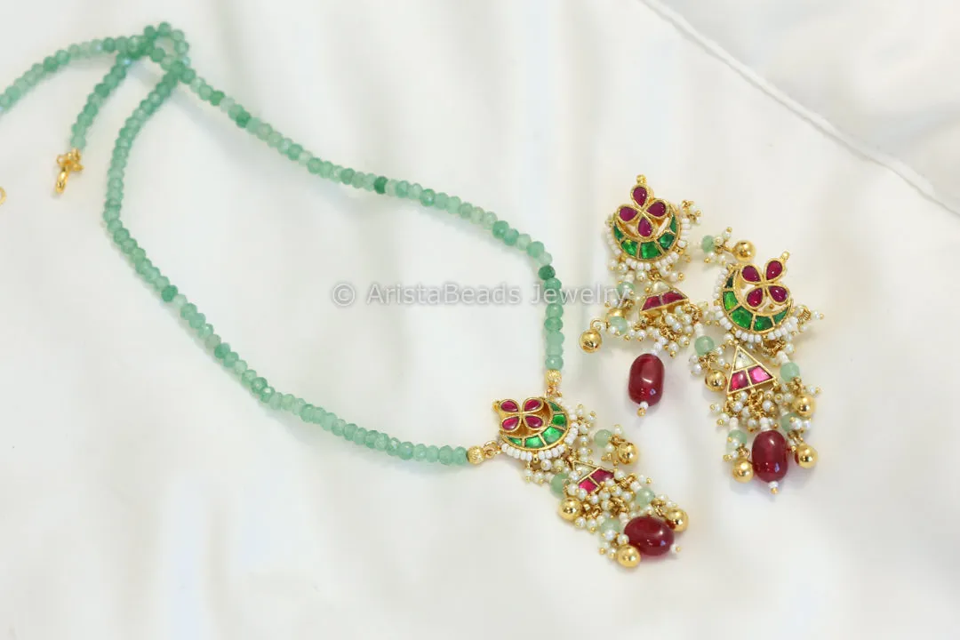 Dainty Pachi Kundan Green Onyx Necklace Set