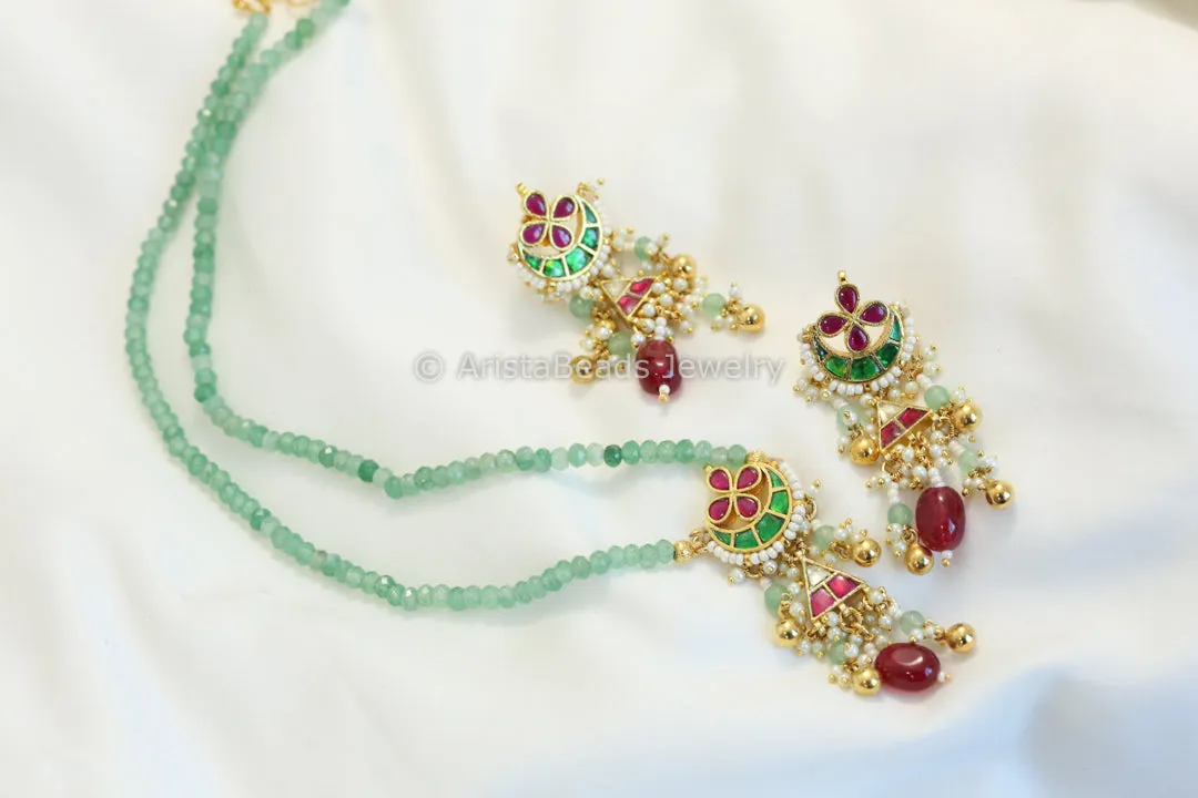 Dainty Pachi Kundan Green Onyx Necklace Set