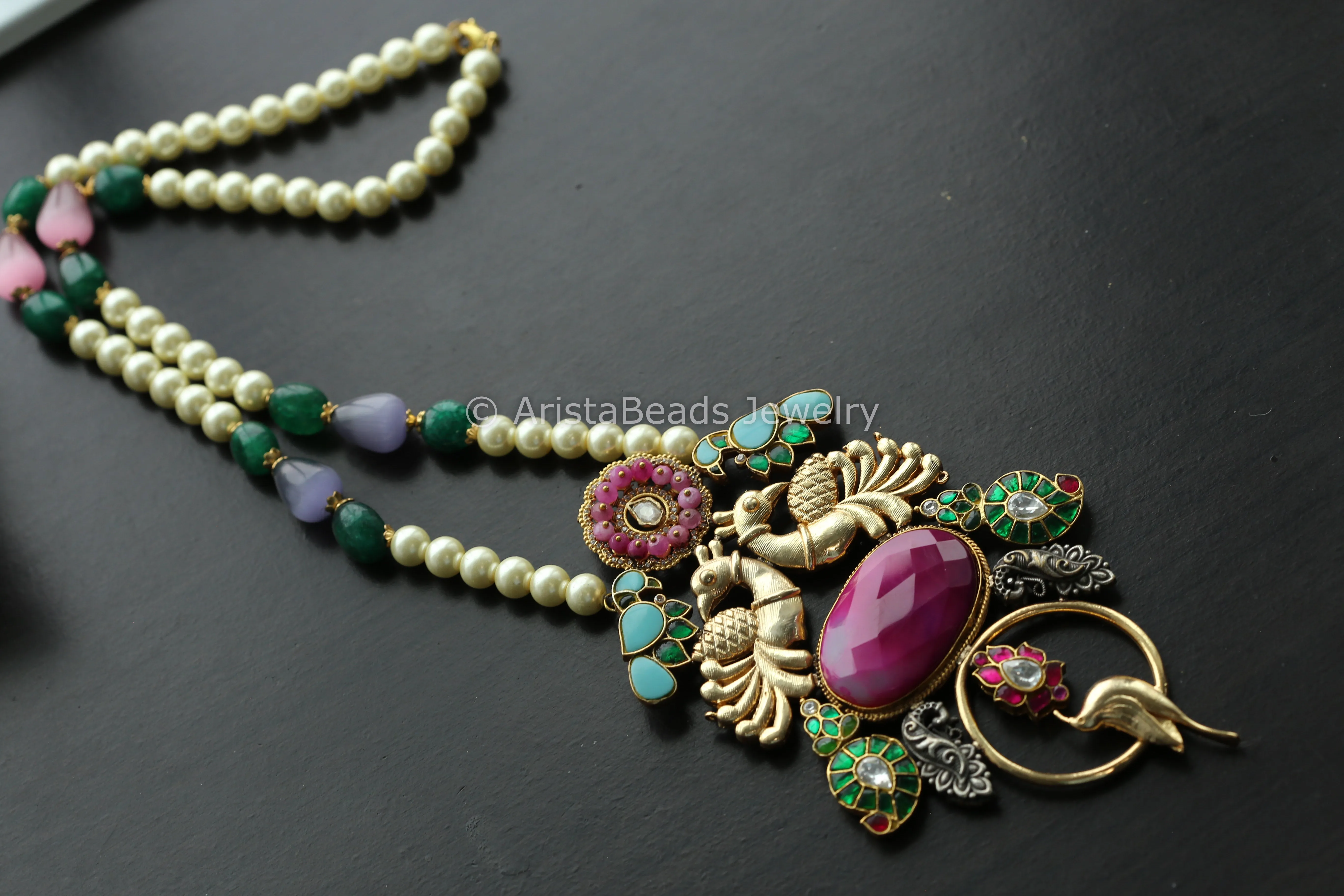 Fusion Jadau Necklace -Pink Agate Stone