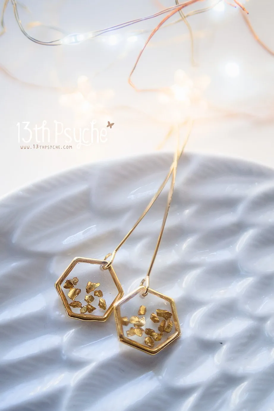 Gold honeycomb hexagon resin earrings