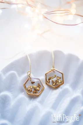 Gold honeycomb hexagon resin earrings