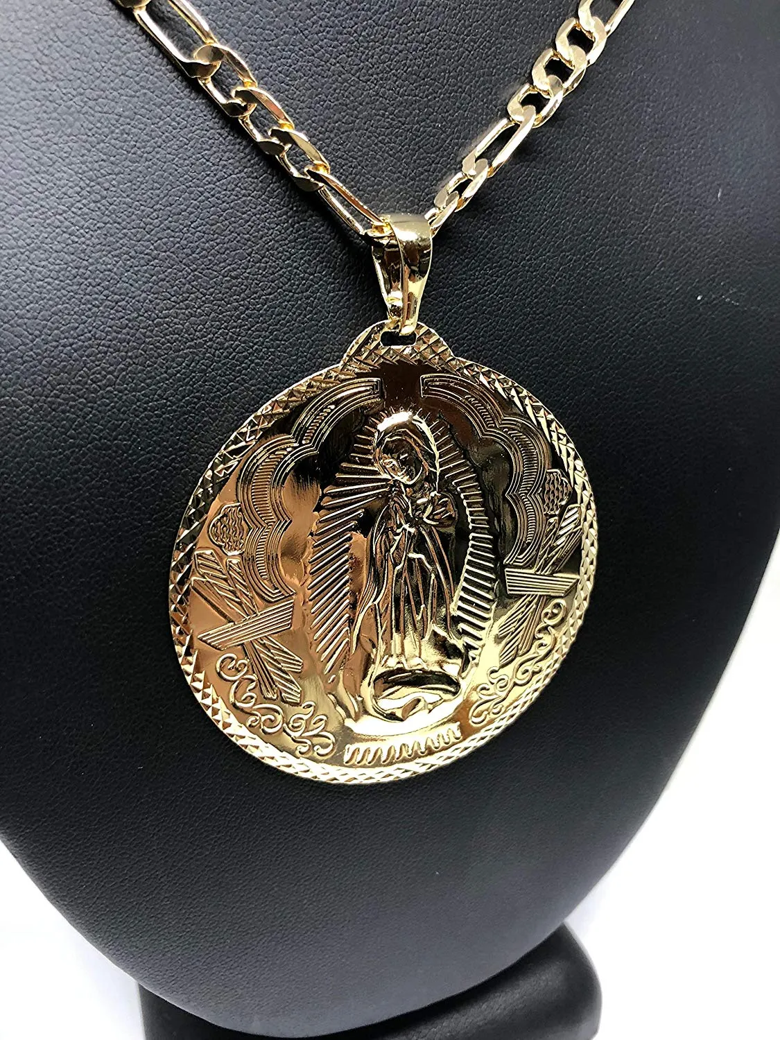 Gold Plated Big XL Virgin Mary Pendant / Virgen Guadalupe XL Grande Medalla Pendant Necklace Chain 26