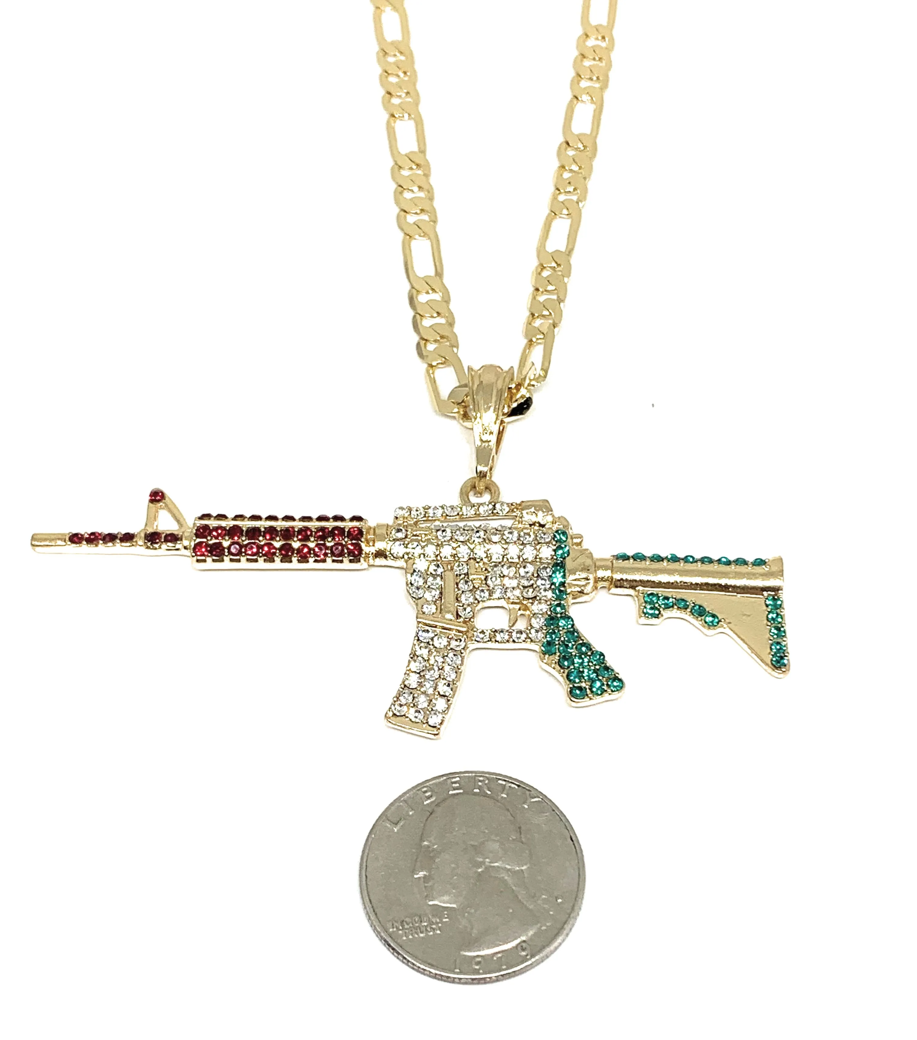 Gold Plated Iced Out Cueno de Chivo Ak-47 Machine Gun Pendant 26 inch figaro chain