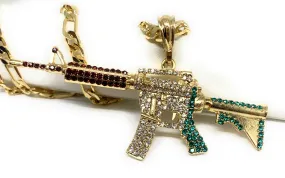 Gold Plated Iced Out Cueno de Chivo Ak-47 Machine Gun Pendant 26 inch figaro chain