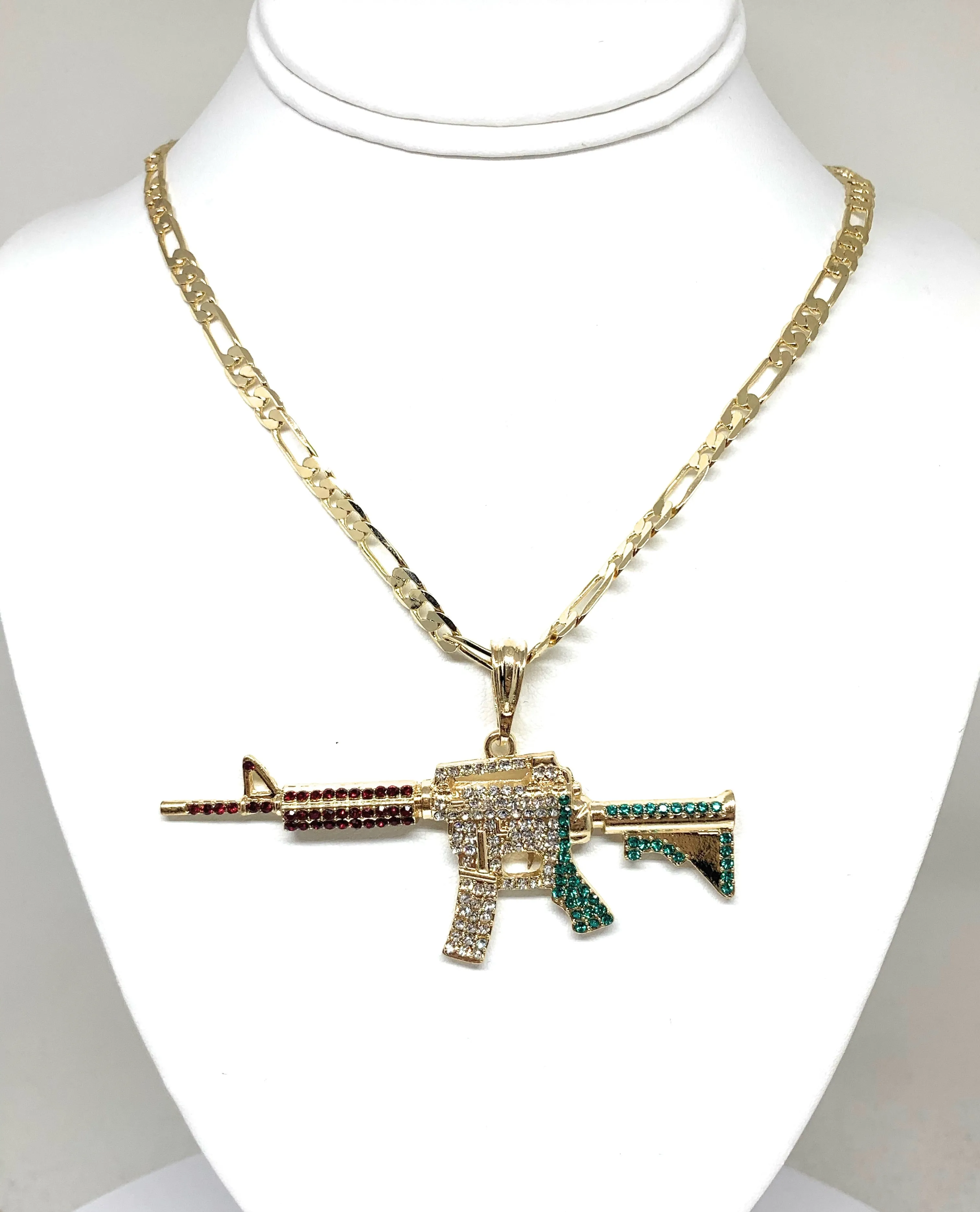 Gold Plated Iced Out Cueno de Chivo Ak-47 Machine Gun Pendant 26 inch figaro chain