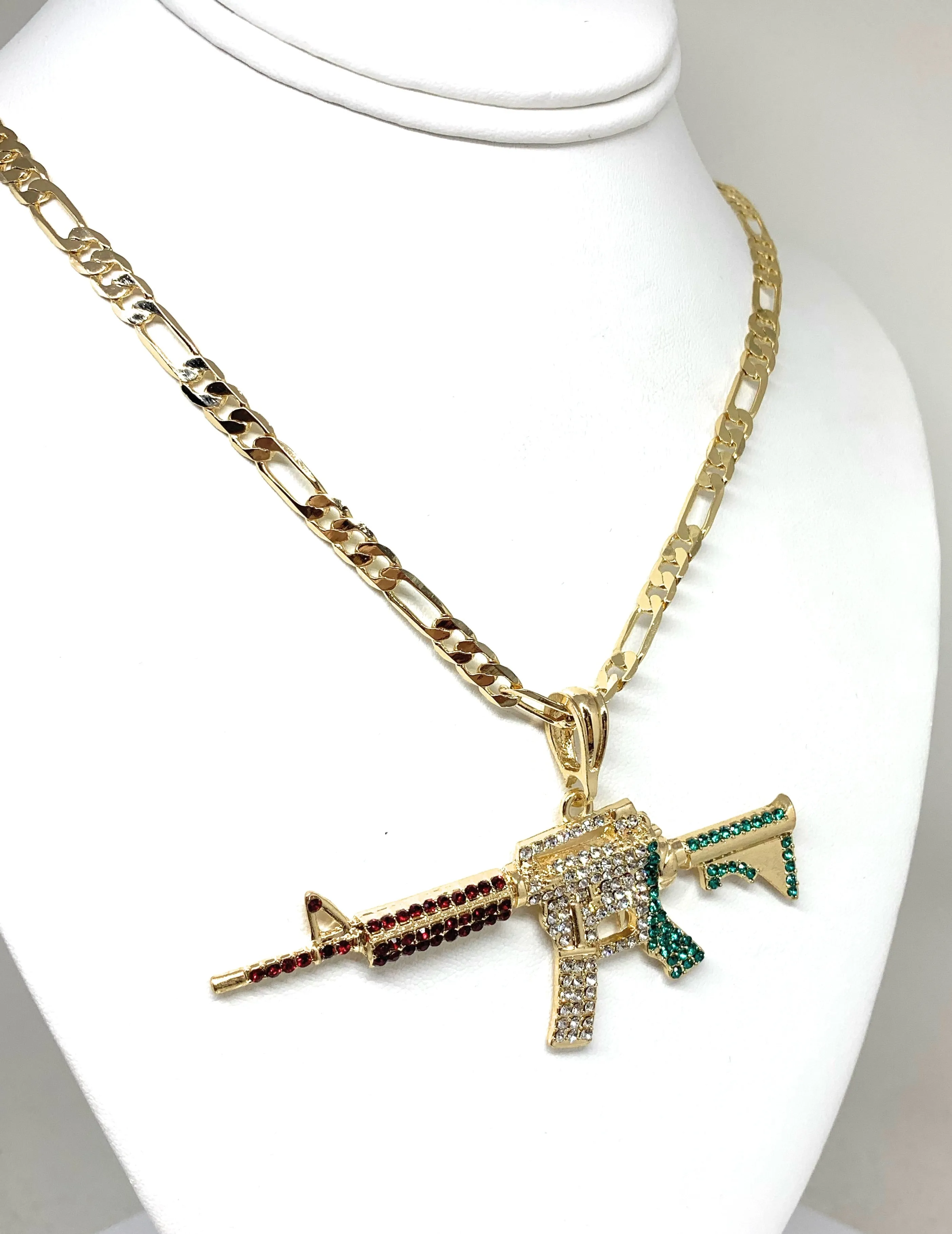 Gold Plated Iced Out Cueno de Chivo Ak-47 Machine Gun Pendant 26 inch figaro chain