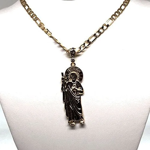 Gold Plated Saint Jude Pendant Necklace Figaro 26 San Judas Tadeo Medalla Con Cadena De Oro Laminado