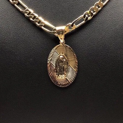 Gold Plated Small Tri-Color Virgin Mary Pendant with 26 Chain / Virgen De Guadalupe Tres Colores Medalla Cadena De 26” Oro Lamin