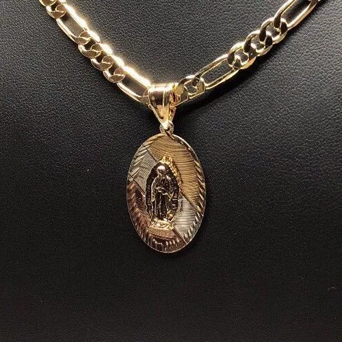 Gold Plated Small Tri-Color Virgin Mary Pendant with 26 Chain / Virgen De Guadalupe Tres Colores Medalla Cadena De 26” Oro Lamin