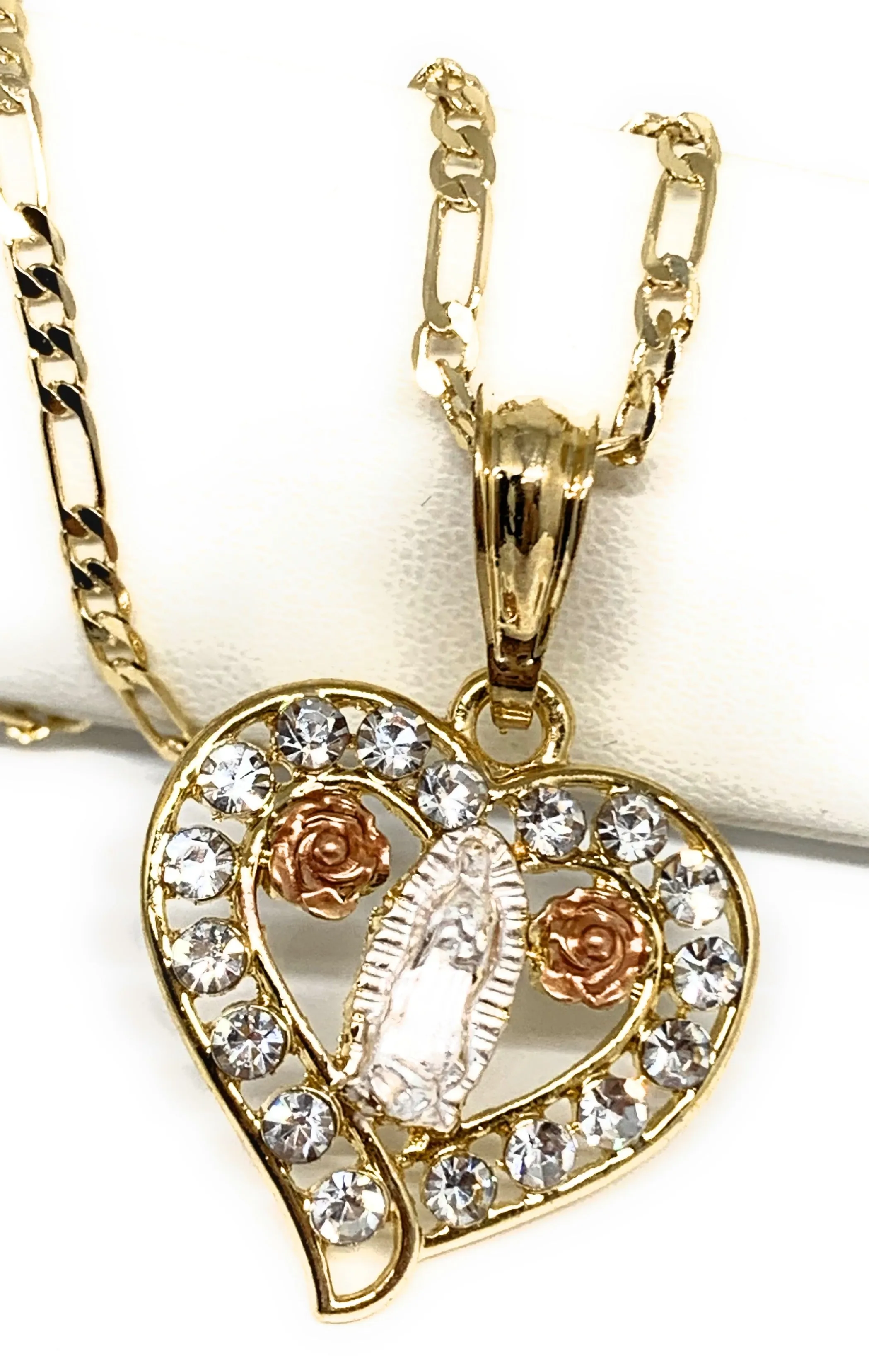 Gold Plated Tri-Color Virgin Mary CZ Heart Pendant Necklace Figaro 24 Virgen de Guadalupe Medalla