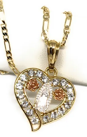 Gold Plated Tri-Color Virgin Mary CZ Heart Pendant Necklace Figaro 24 Virgen de Guadalupe Medalla