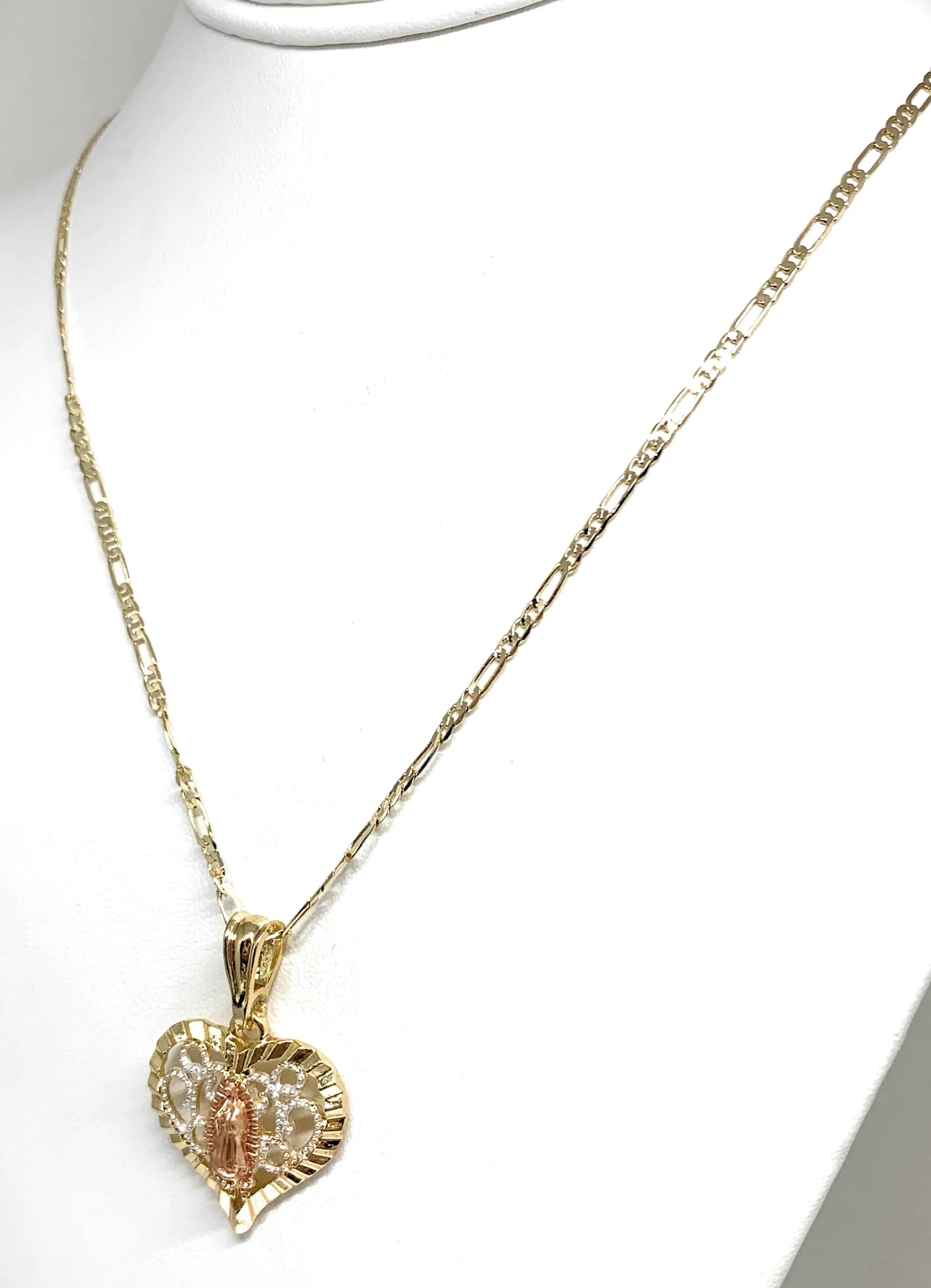 Gold Plated Tri-Color Virgin Mary CZ Heart Pendant Necklace Figaro 24 Virgen de Guadalupe Medalla