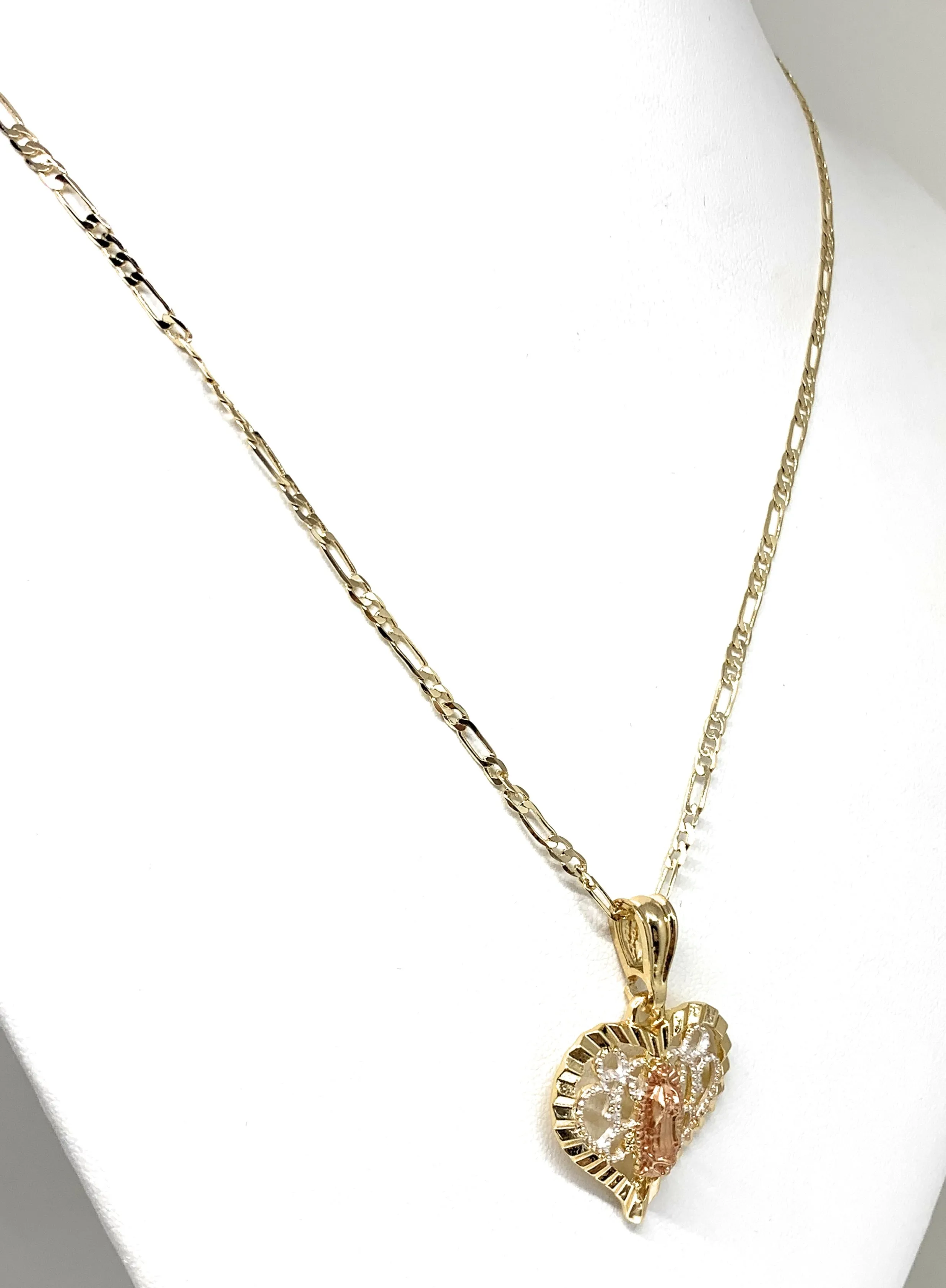 Gold Plated Tri-Color Virgin Mary CZ Heart Pendant Necklace Figaro 24 Virgen de Guadalupe Medalla