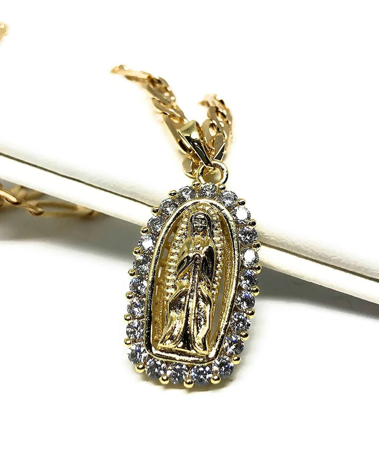 Gold Plated Virgin Mary Pendant Necklace Figaro 24 Chain Virgen de Guadalupe Medalla Piedras Blancas Oro