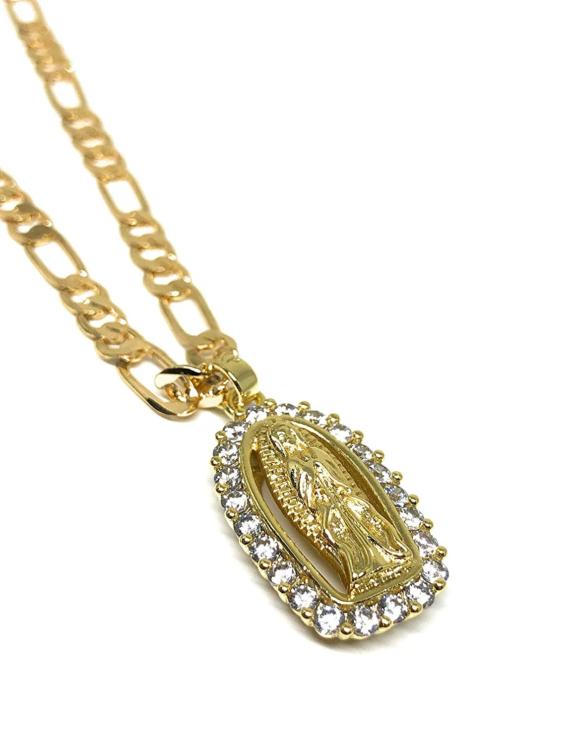 Gold Plated Virgin Mary Pendant Necklace Figaro 24 Chain Virgen de Guadalupe Medalla Piedras Blancas Oro