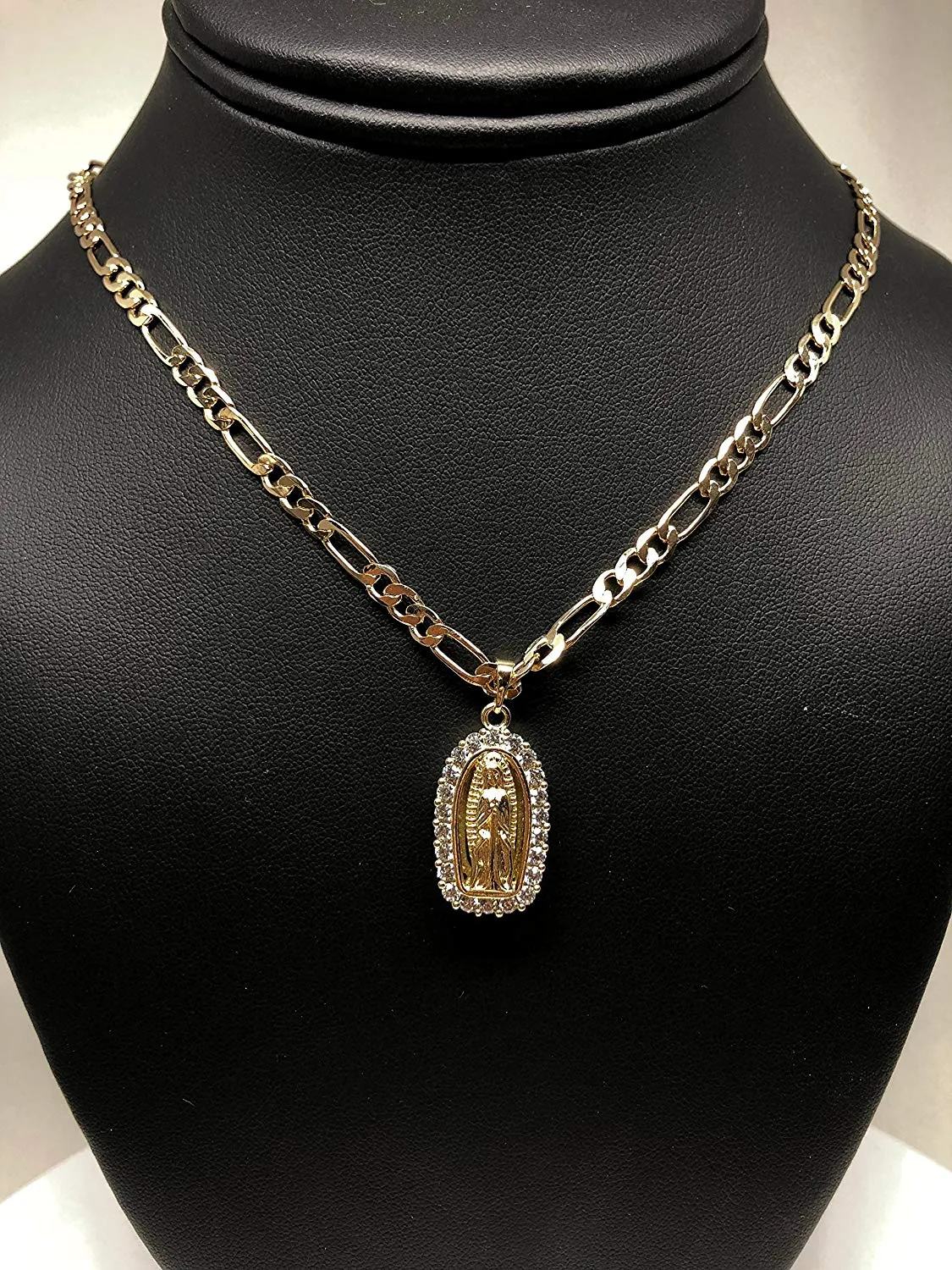 Gold Plated Virgin Mary Pendant Necklace Figaro 24 Chain Virgen de Guadalupe Medalla Piedras Blancas Oro