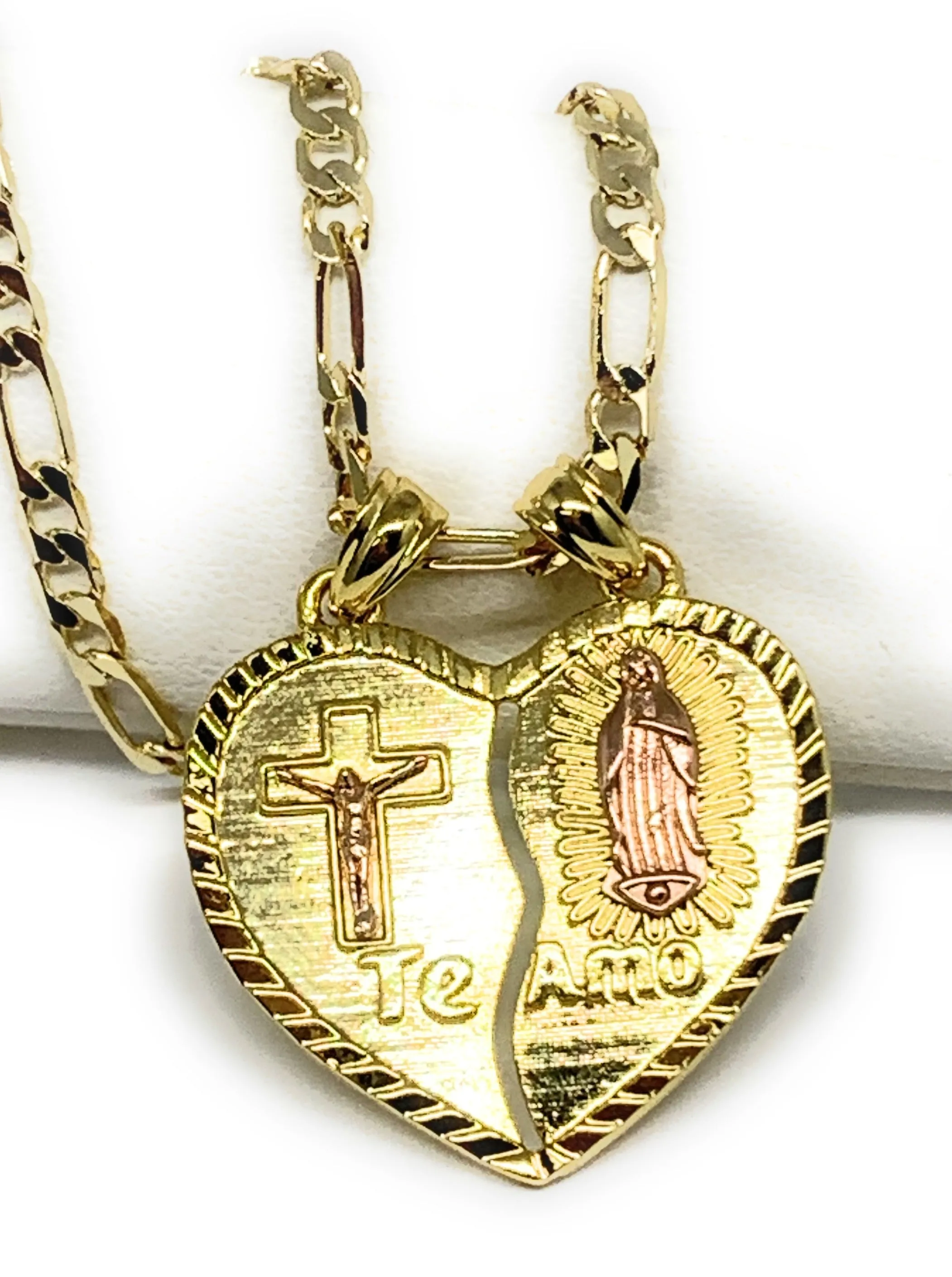 Gold Plated Yellow & Rose Virgin Mary Heart & Christ Te Amo Heart Split Pendant Necklace 24 Virgen de Guadalupe