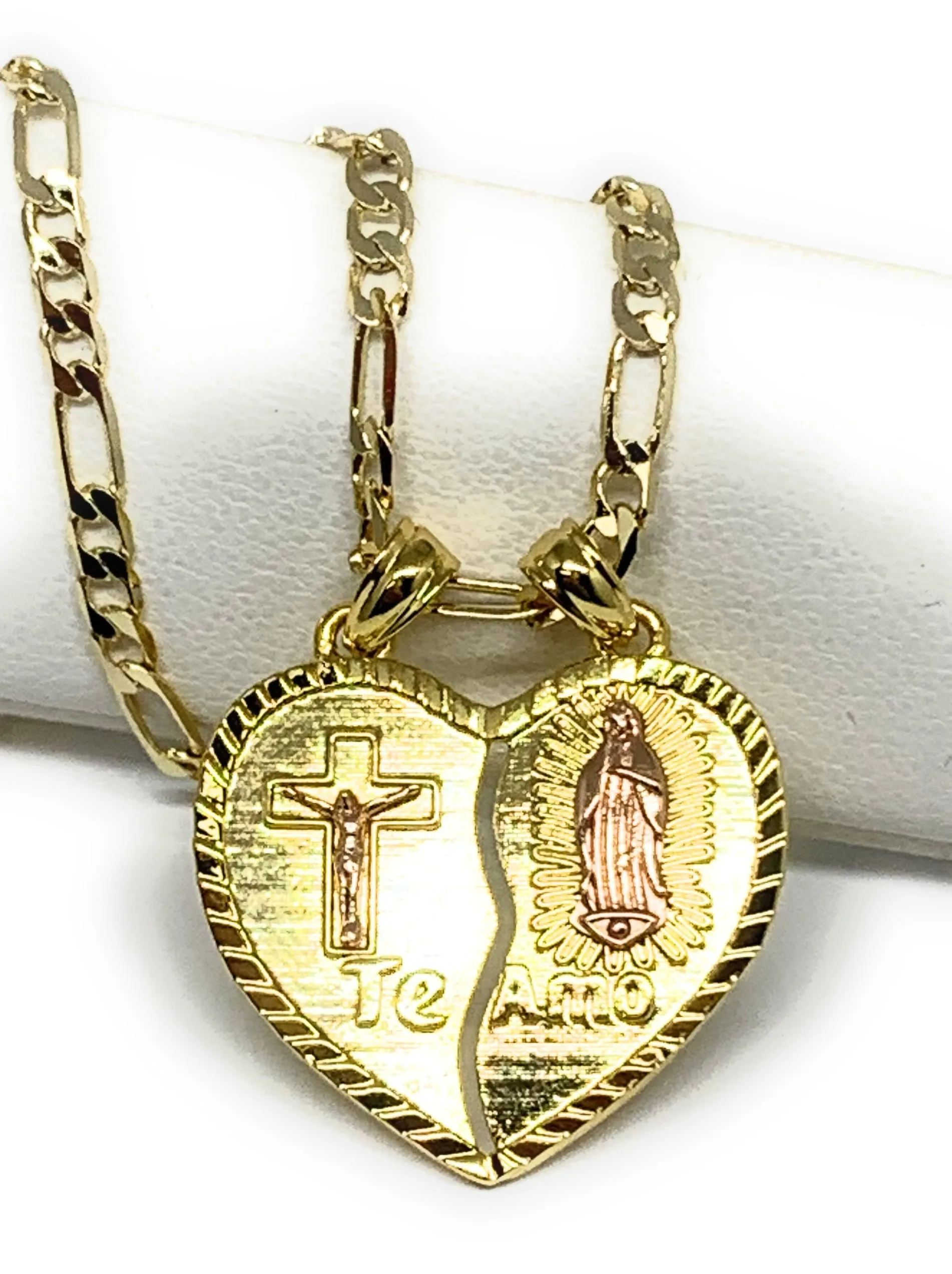 Gold Plated Yellow & Rose Virgin Mary Heart & Christ Te Amo Heart Split Pendant Necklace 24 Virgen de Guadalupe