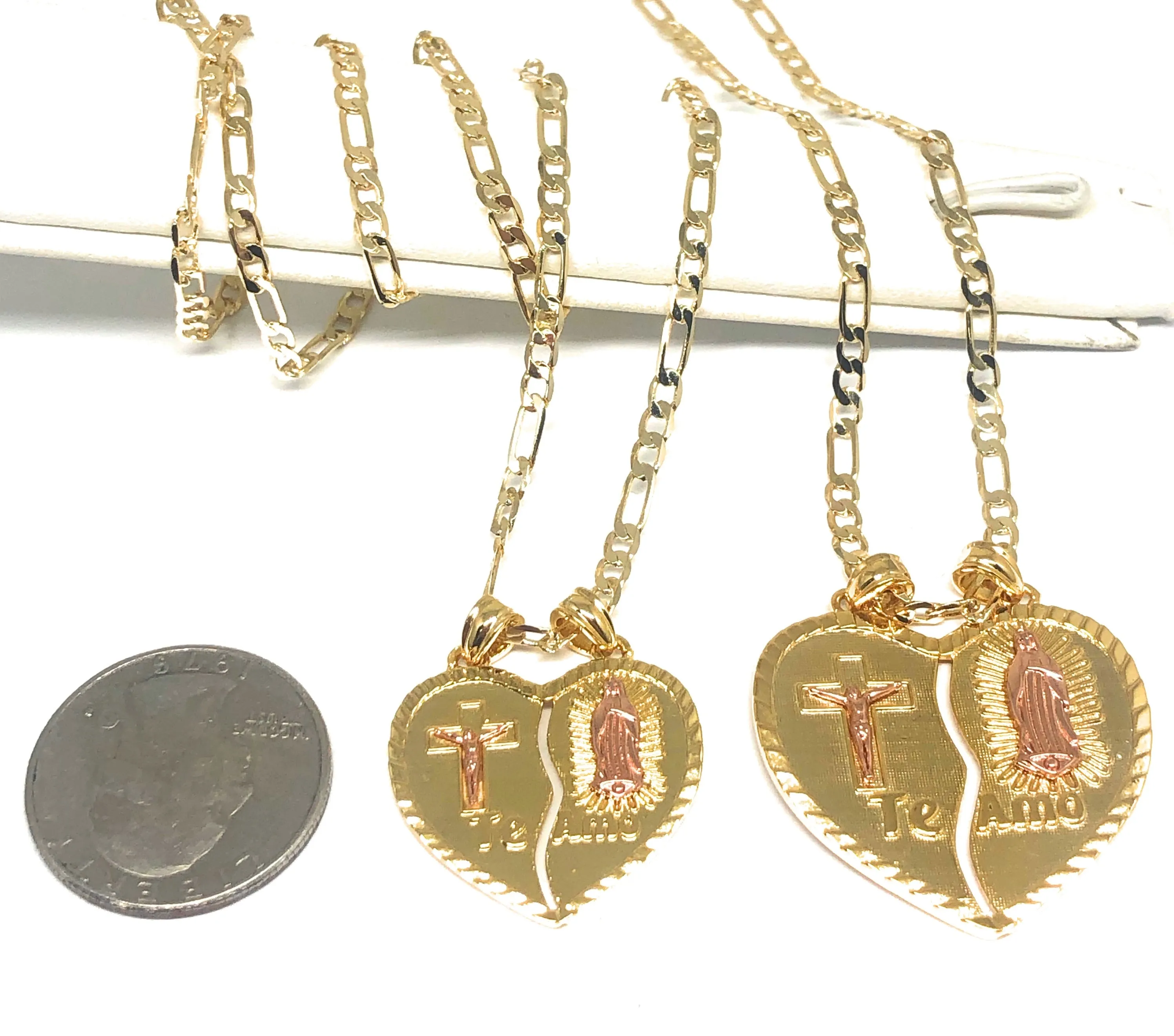 Gold Plated Yellow & Rose Virgin Mary Heart & Christ Te Amo Heart Split Pendant Necklace 24 Virgen de Guadalupe