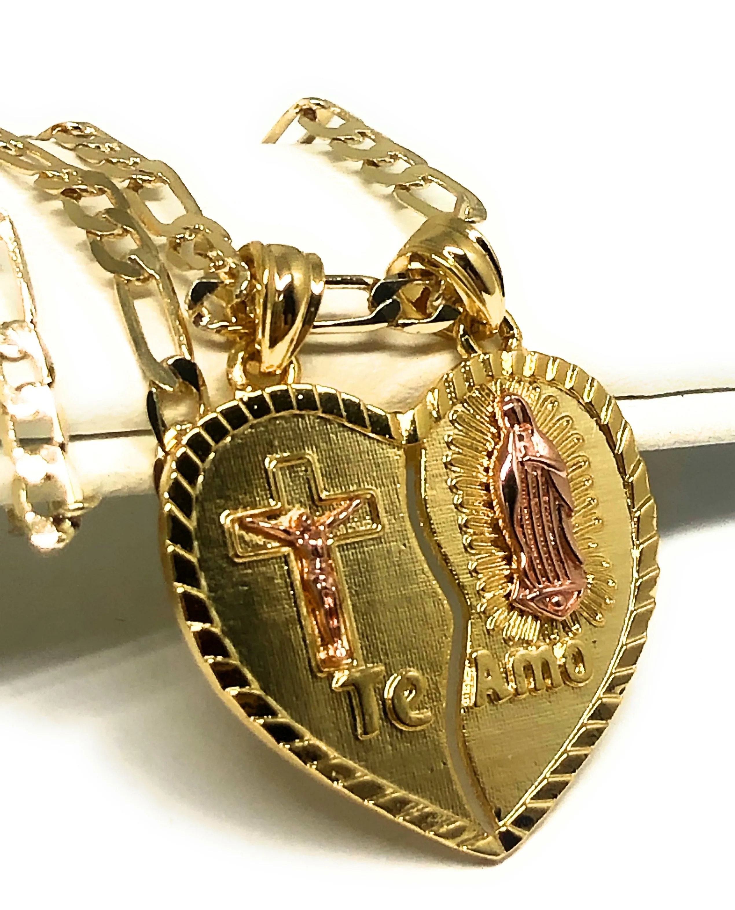 Gold Plated Yellow & Rose Virgin Mary Heart & Christ Te Amo Heart Split Pendant Necklace 24 Virgen de Guadalupe