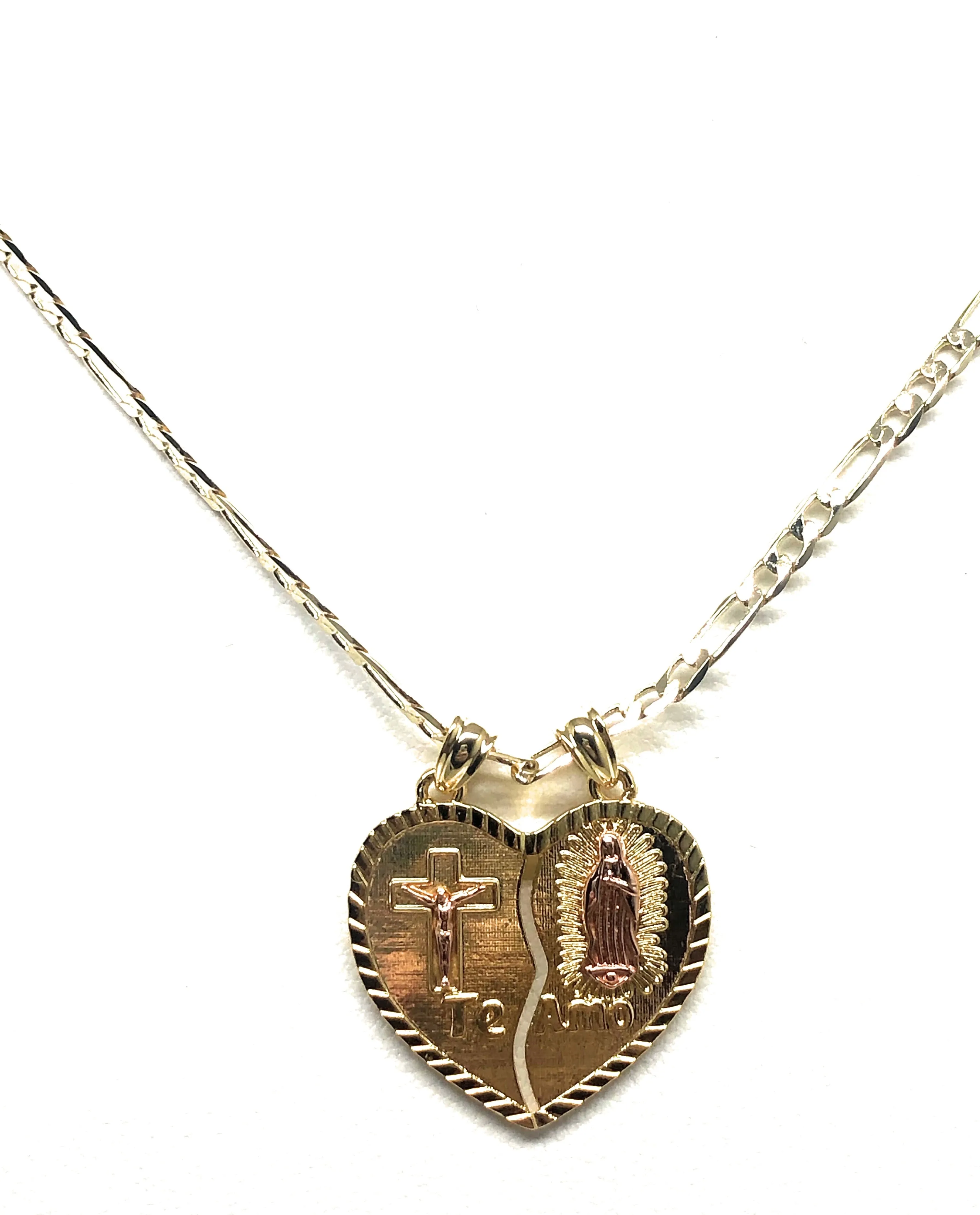 Gold Plated Yellow & Rose Virgin Mary Heart & Christ Te Amo Heart Split Pendant Necklace 24 Virgen de Guadalupe