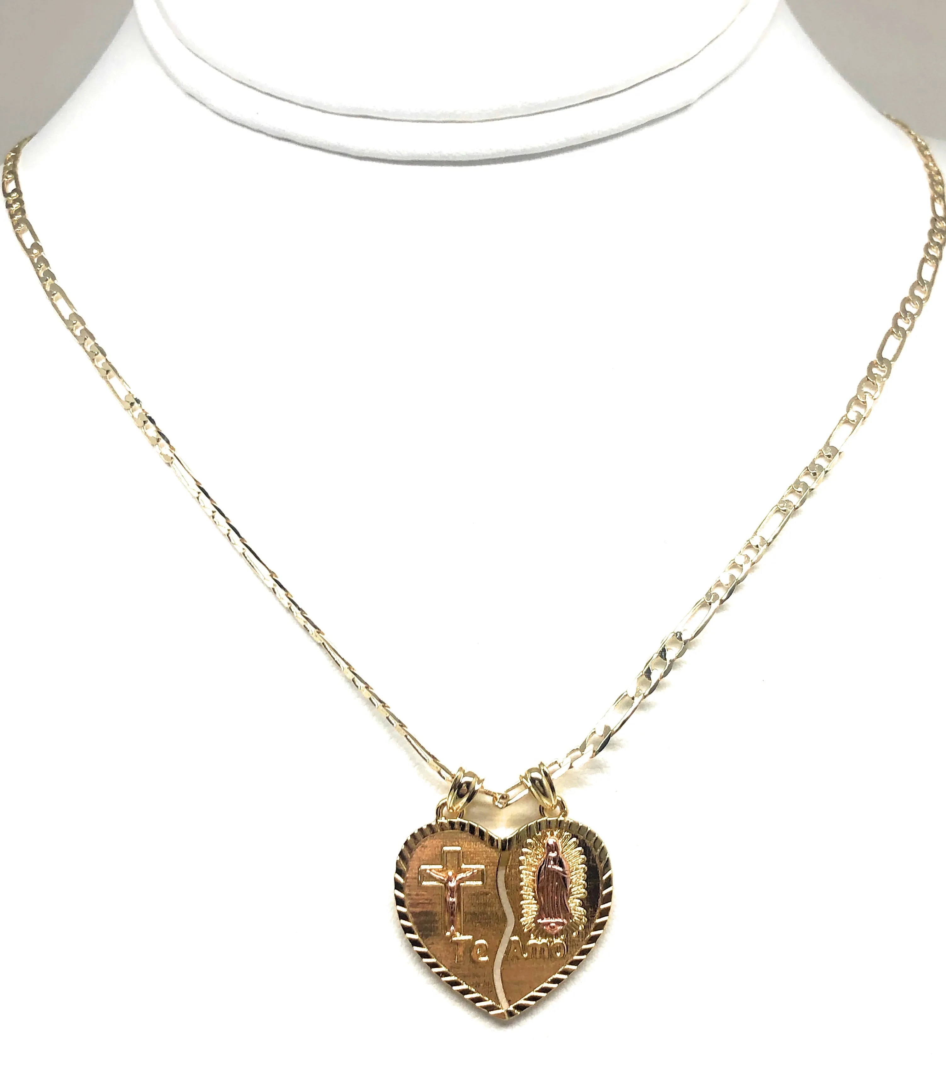 Gold Plated Yellow & Rose Virgin Mary Heart & Christ Te Amo Heart Split Pendant Necklace 24 Virgen de Guadalupe