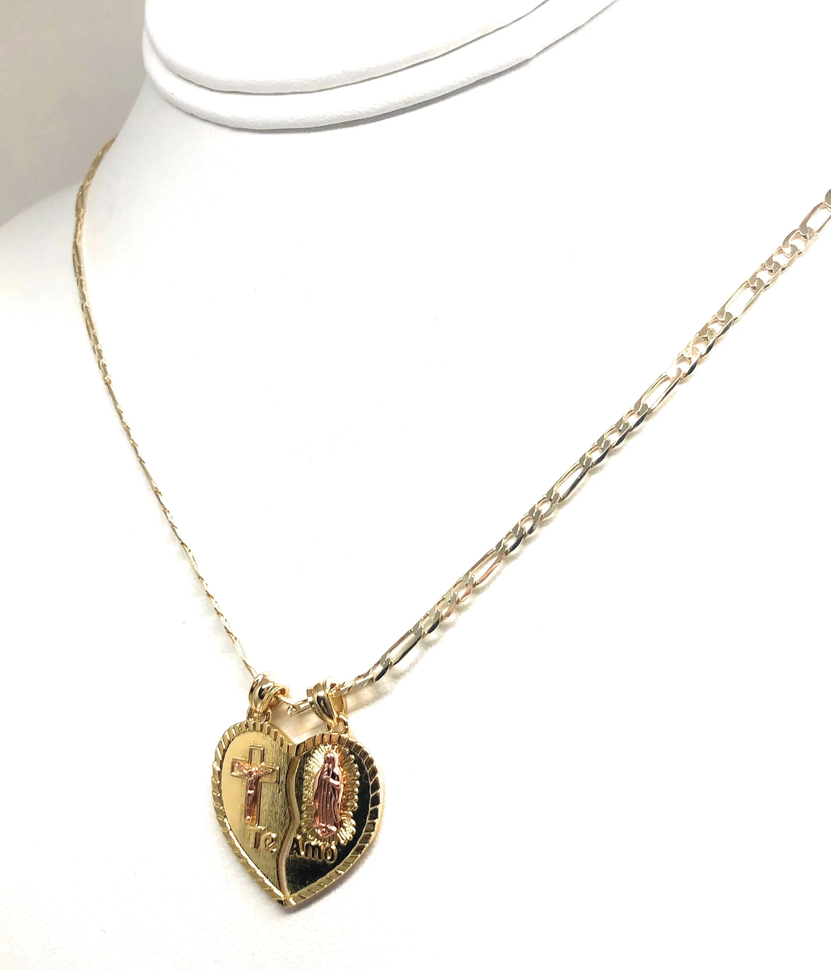 Gold Plated Yellow & Rose Virgin Mary Heart & Christ Te Amo Heart Split Pendant Necklace 24 Virgen de Guadalupe