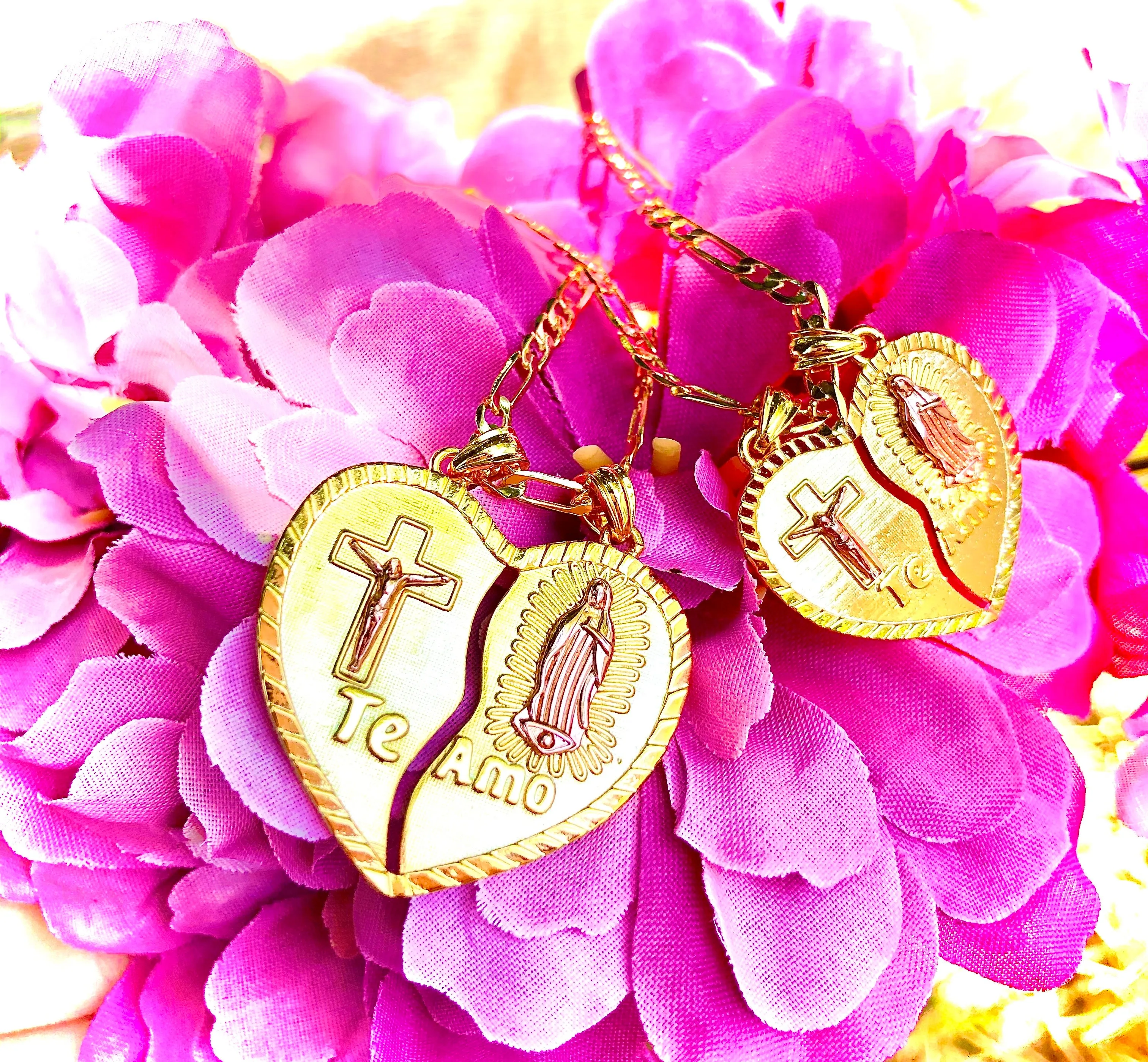 Gold Plated Yellow & Rose Virgin Mary Heart & Christ Te Amo Heart Split Pendant Necklace 24 Virgen de Guadalupe