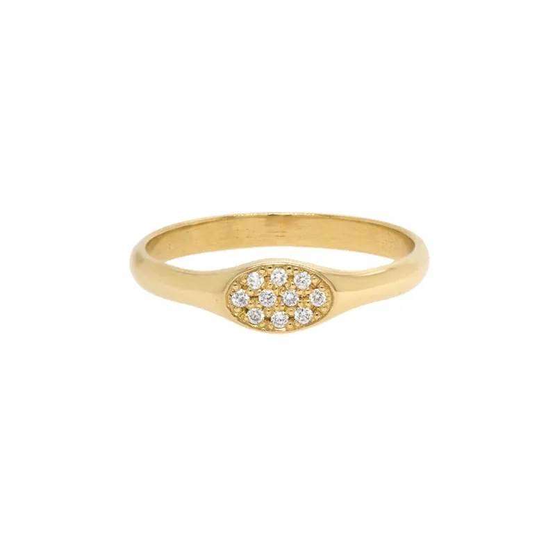 Gold Small Oval Signet Pinky Ring with Pave Diamonds