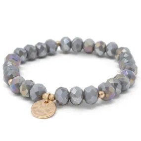 Grey Glass Bead Bracelet with Disc Charm Gold Tone