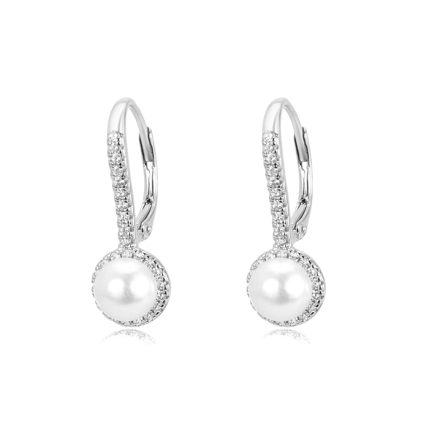 Halo Cultured Pearl Leverback Earrings in 18K White Gold