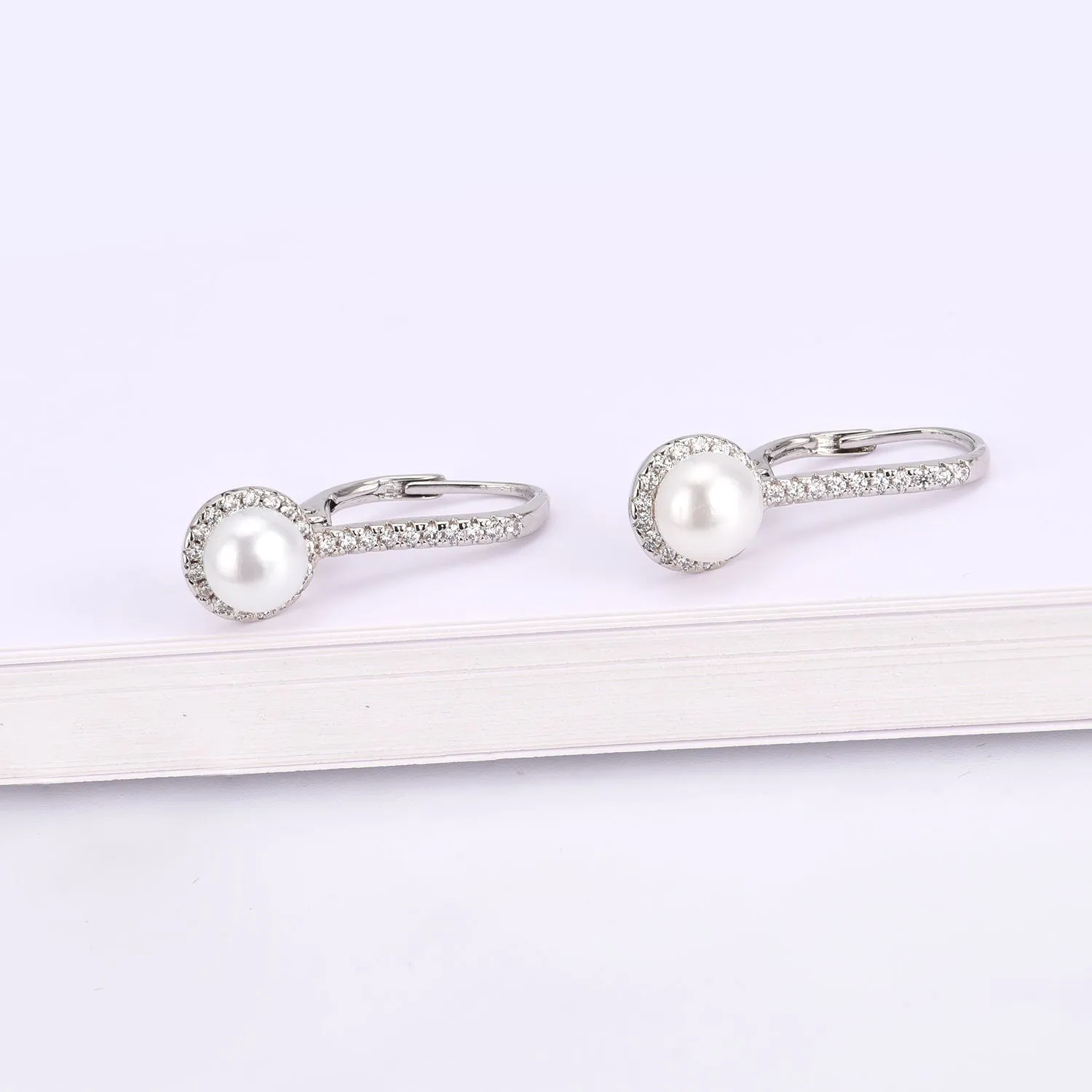 Halo Cultured Pearl Leverback Earrings in 18K White Gold