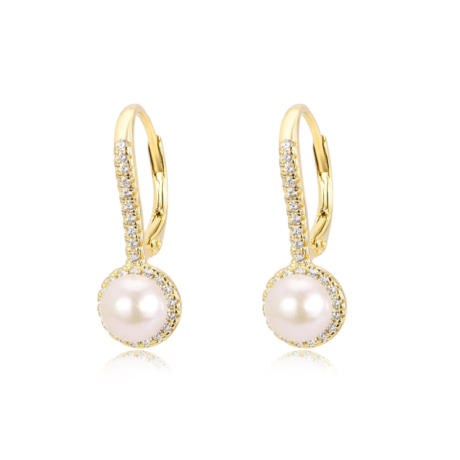 Halo Cultured Pearl Leverback Earrings in 18K White Gold