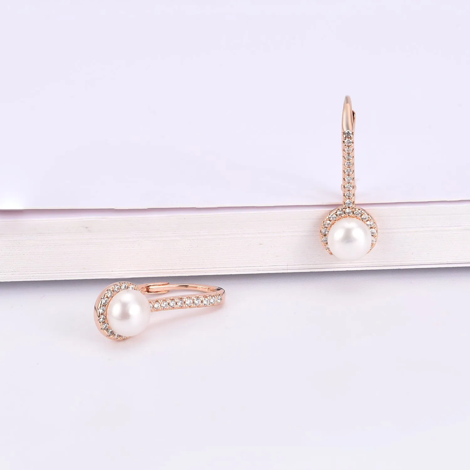 Halo Cultured Pearl Leverback Earrings in 18K White Gold