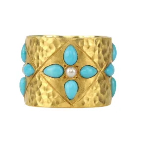 Hammered 22K Gold Turquoise & Pearl Wide Band