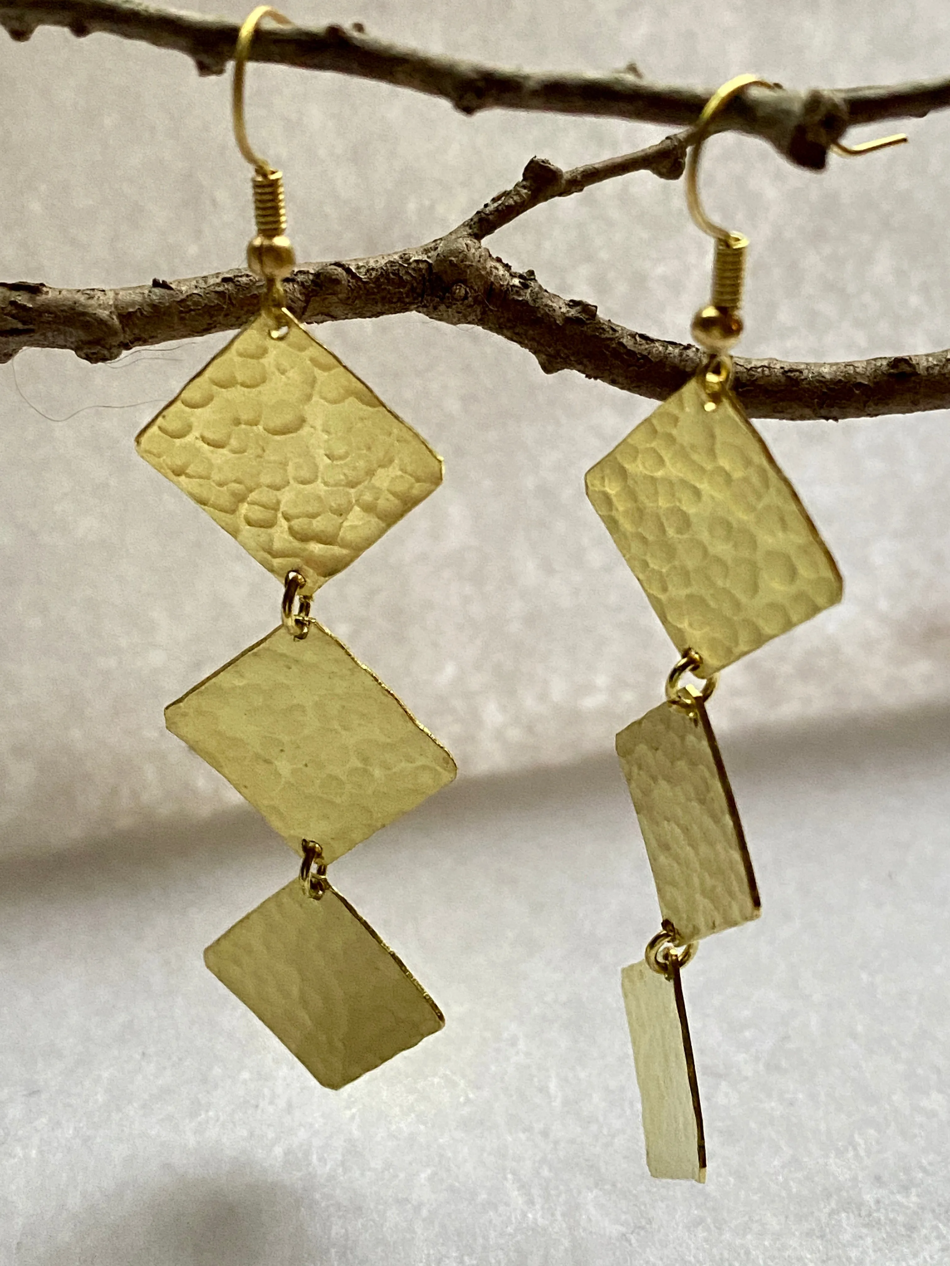 Hand Hammered Three Square Dangle Earrings