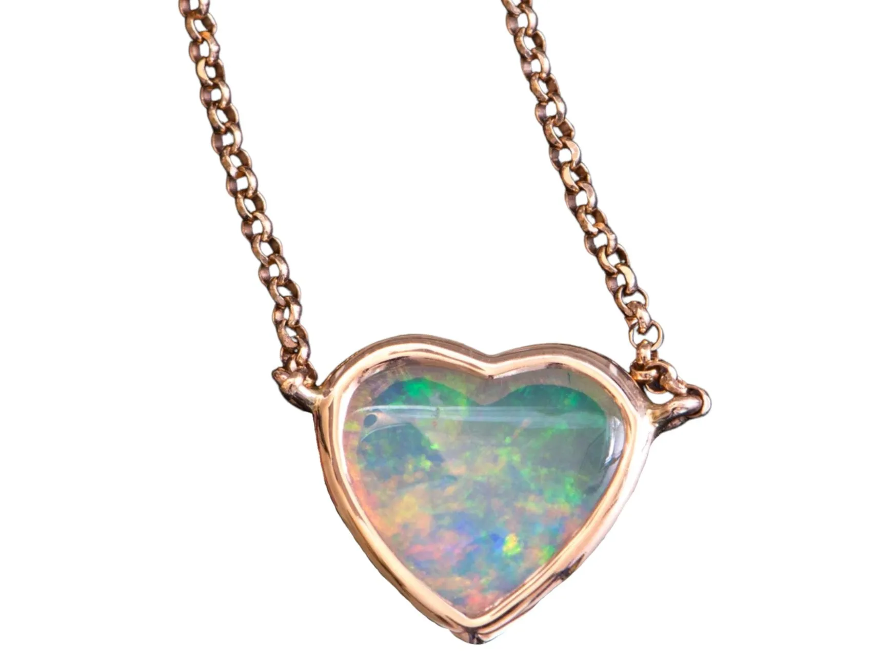 Heart-Shape Solid Australian Crystal Opal Bezel Set Necklace 14K Rose Gold R4139