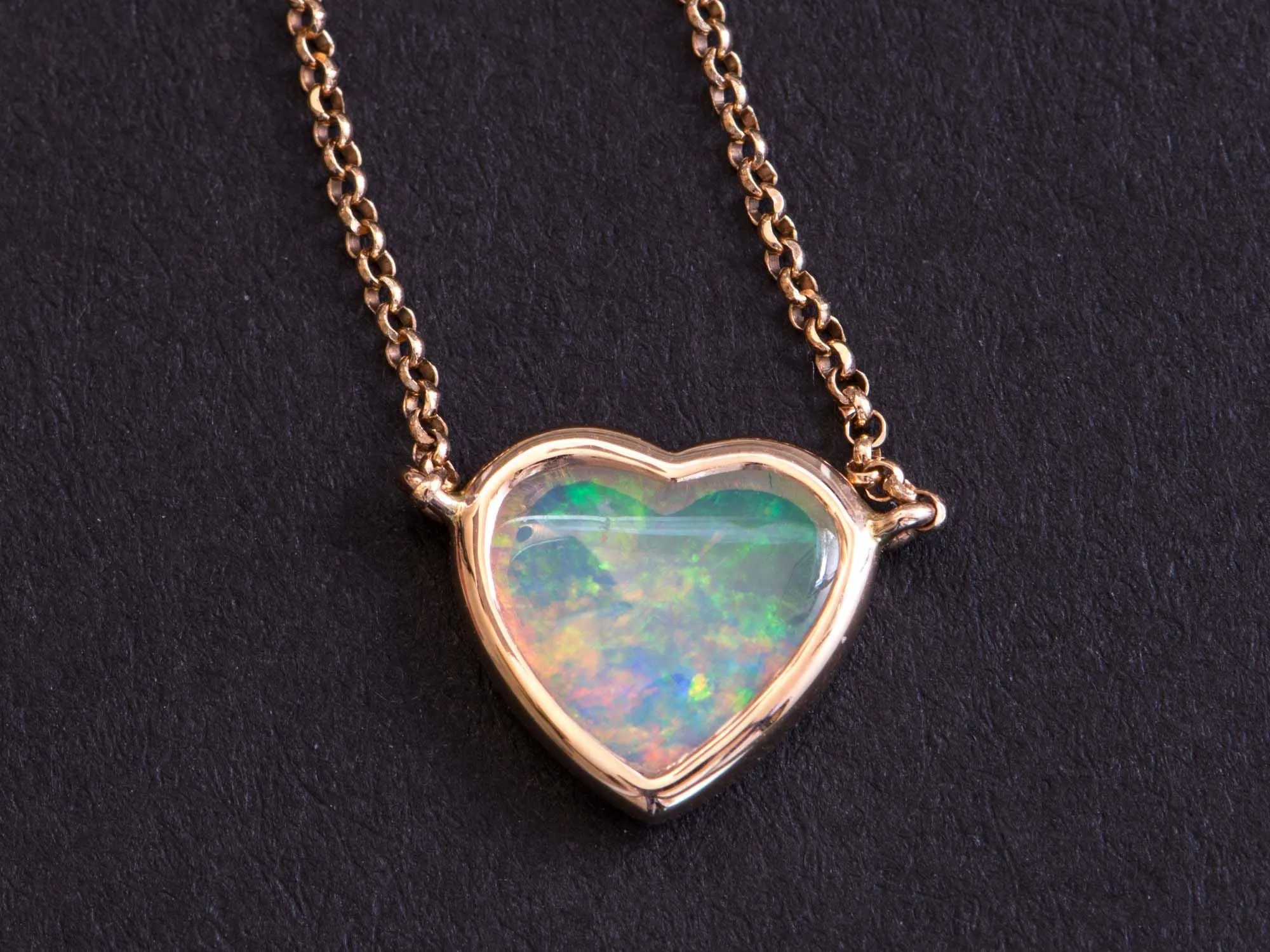 Heart-Shape Solid Australian Crystal Opal Bezel Set Necklace 14K Rose Gold R4139