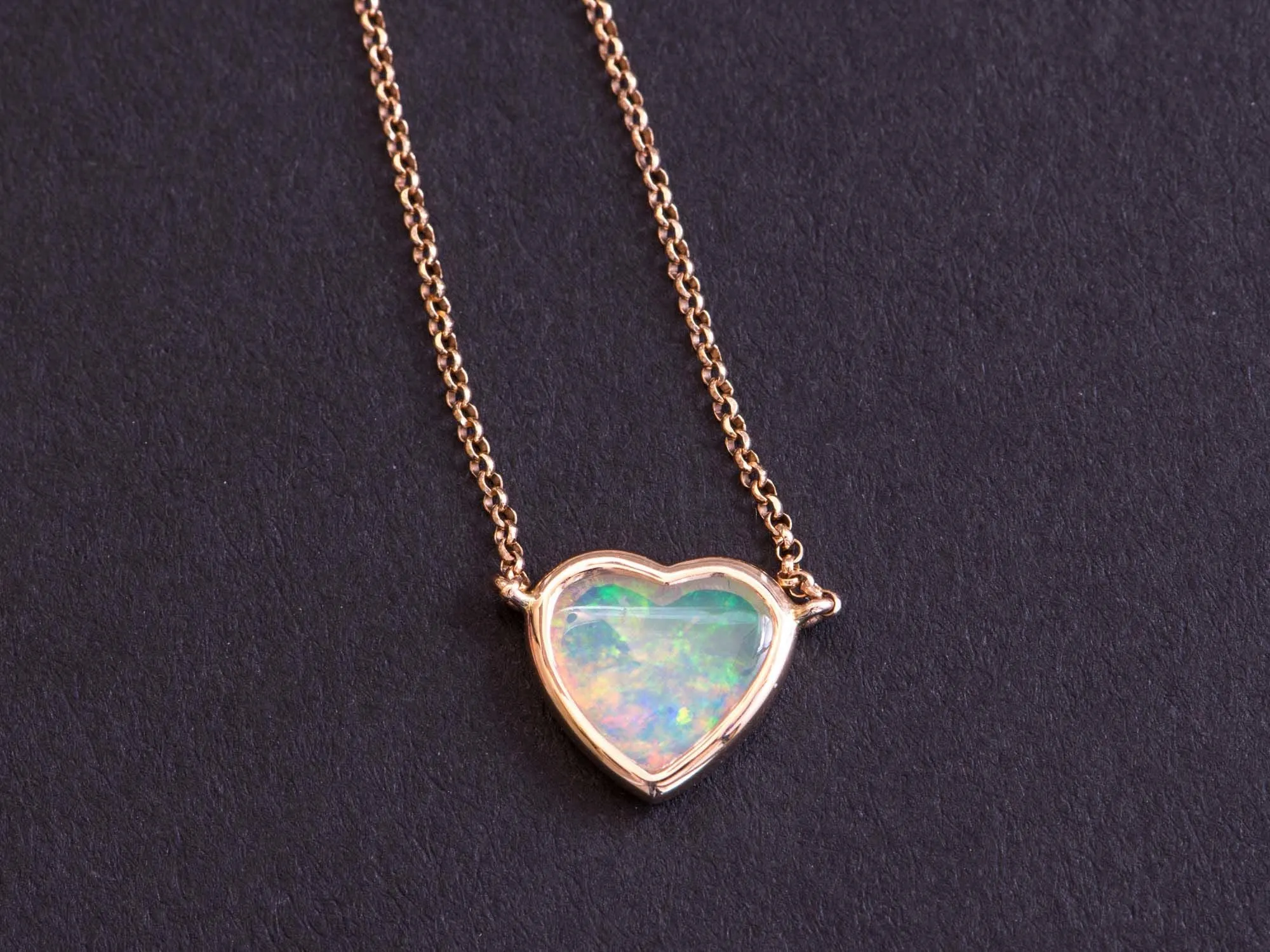 Heart-Shape Solid Australian Crystal Opal Bezel Set Necklace 14K Rose Gold R4139