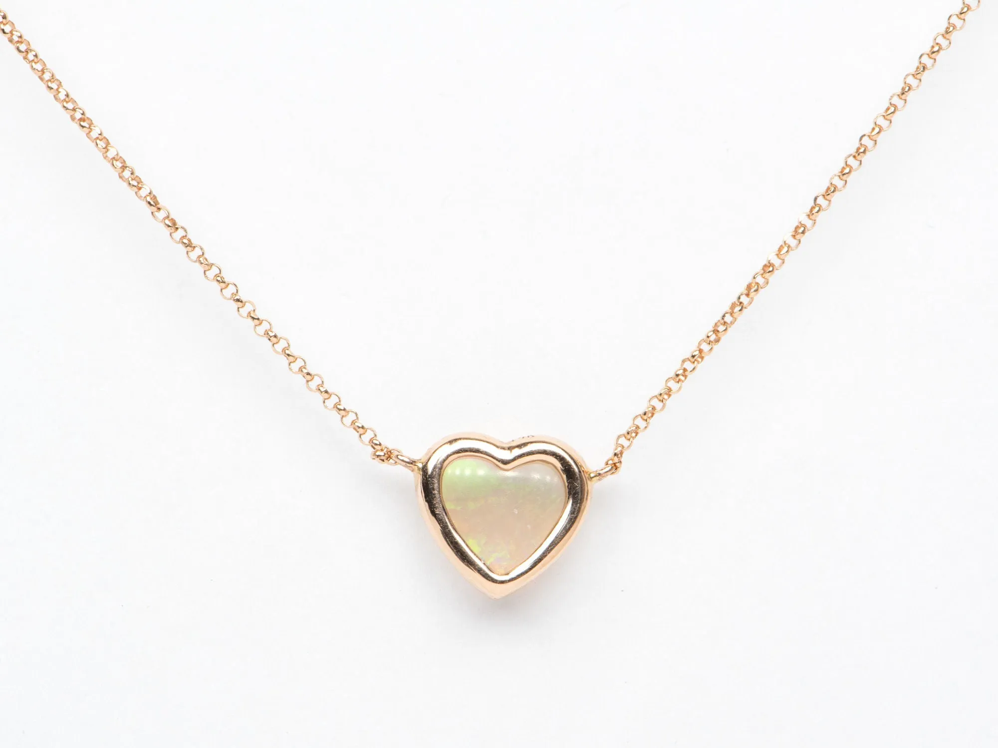 Heart-Shape Solid Australian Crystal Opal Bezel Set Necklace 14K Rose Gold R4139