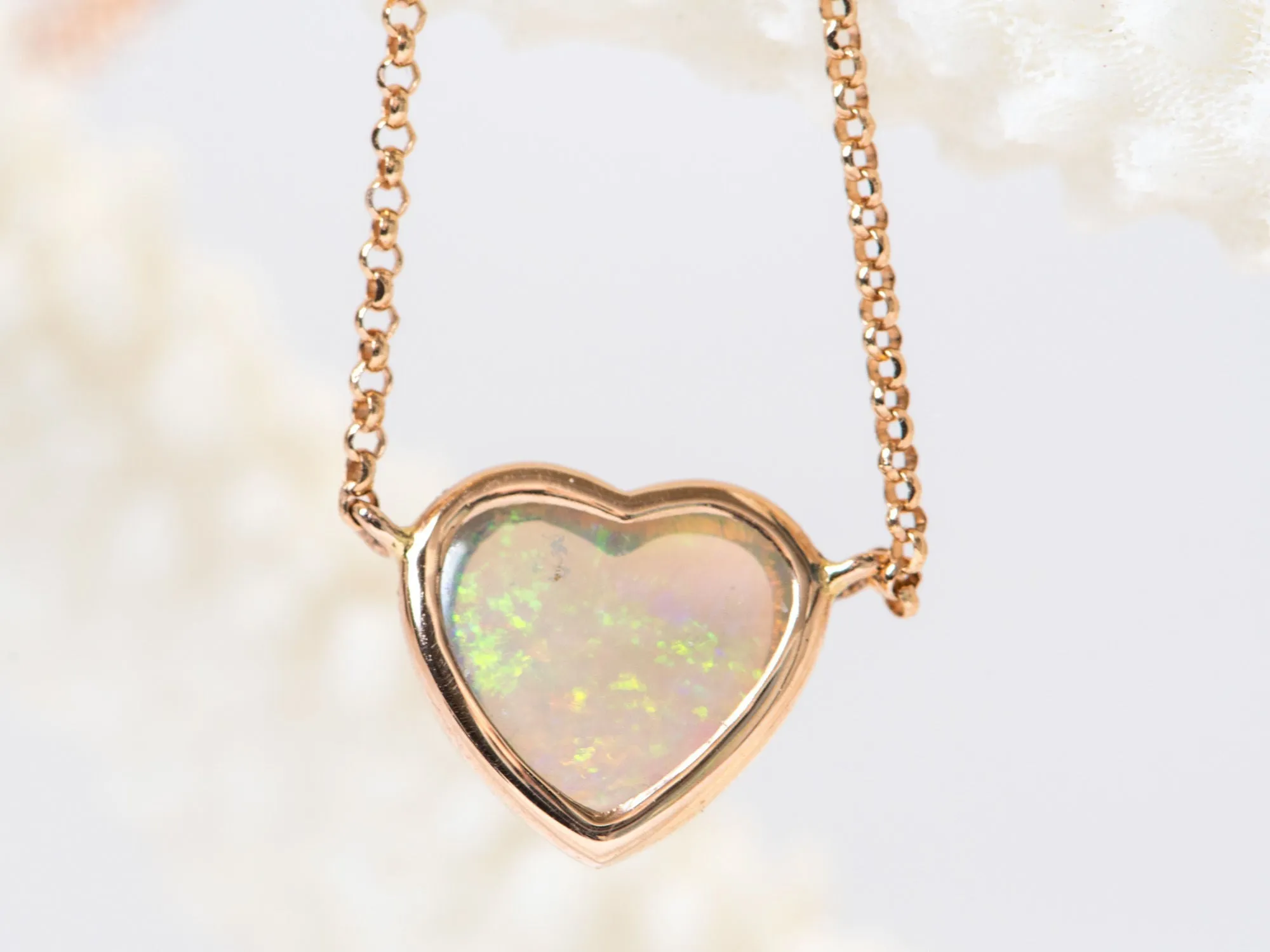 Heart-Shape Solid Australian Crystal Opal Bezel Set Necklace 14K Rose Gold R4139