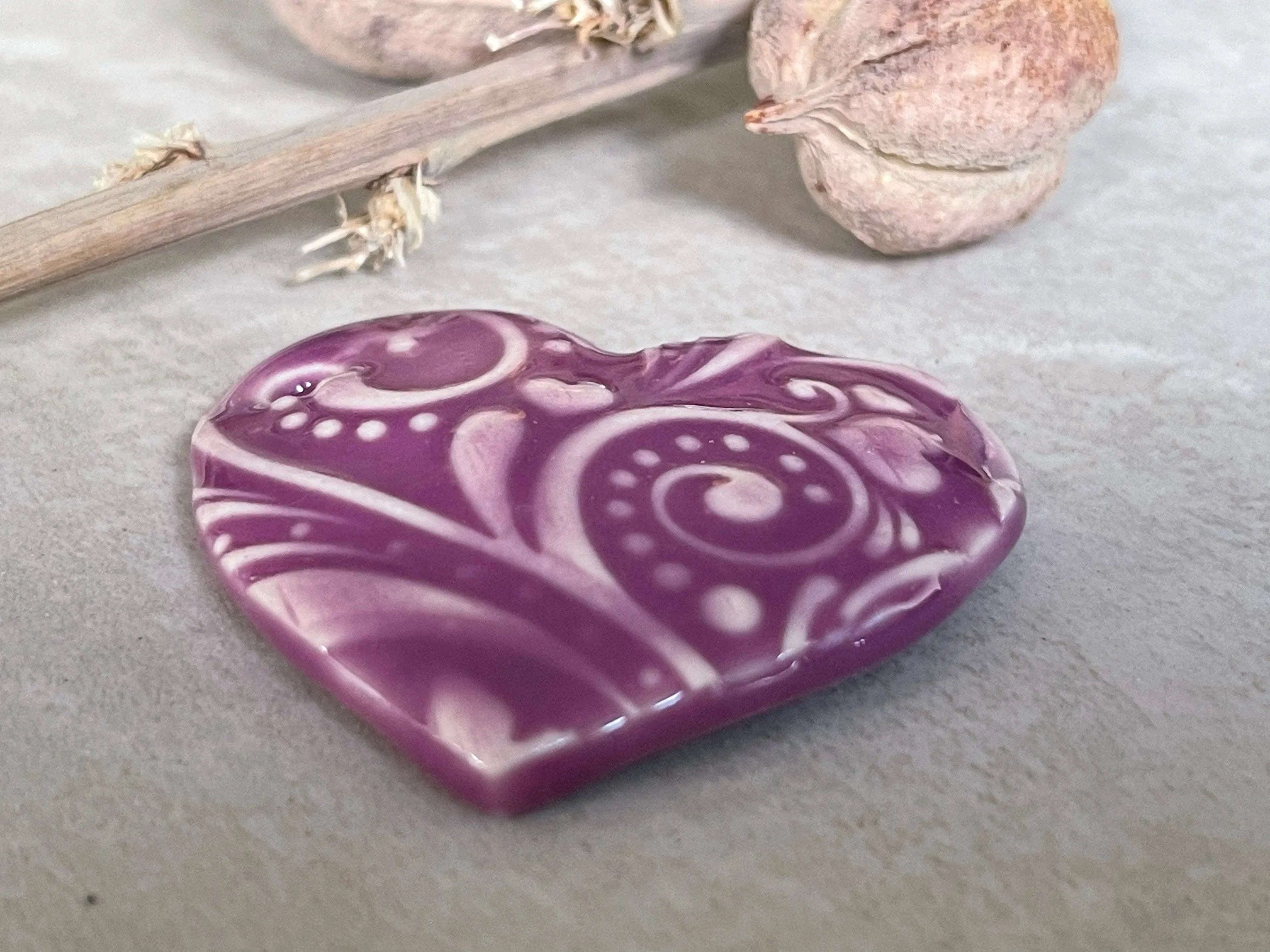 Hearts and Butterflies, Purple Heart Pendant, Porcelain Ceramic Pendant, Artisan Pendant, Jewelry Making Components