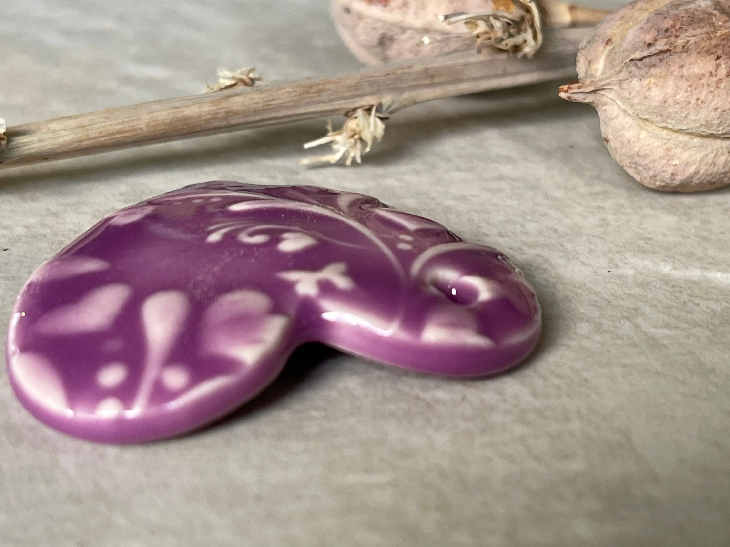 Hearts and Butterflies, Purple Heart Pendant, Porcelain Ceramic Pendant, Artisan Pendant, Jewelry Making Components