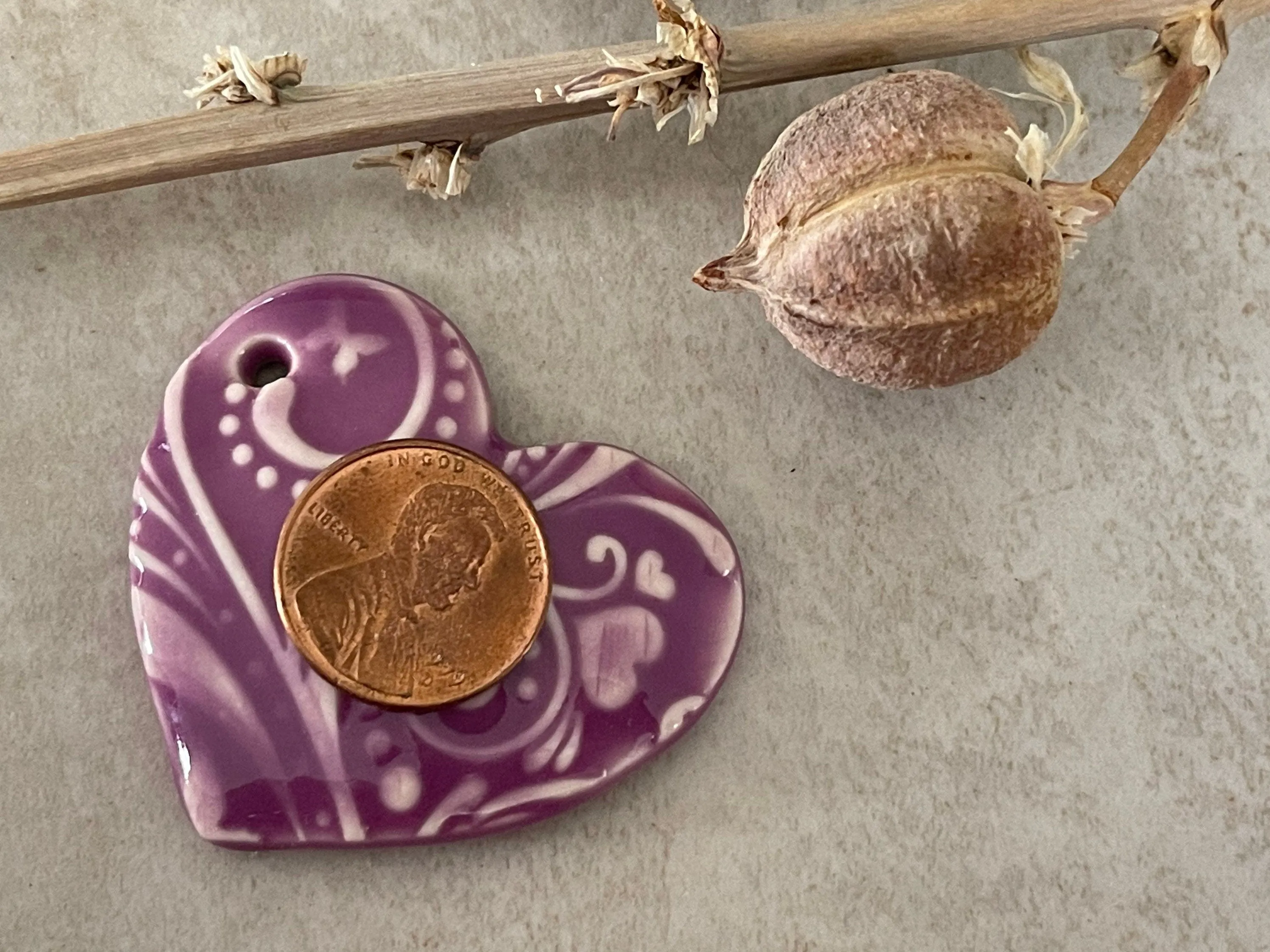 Hearts and Butterflies, Purple Heart Pendant, Porcelain Ceramic Pendant, Artisan Pendant, Jewelry Making Components