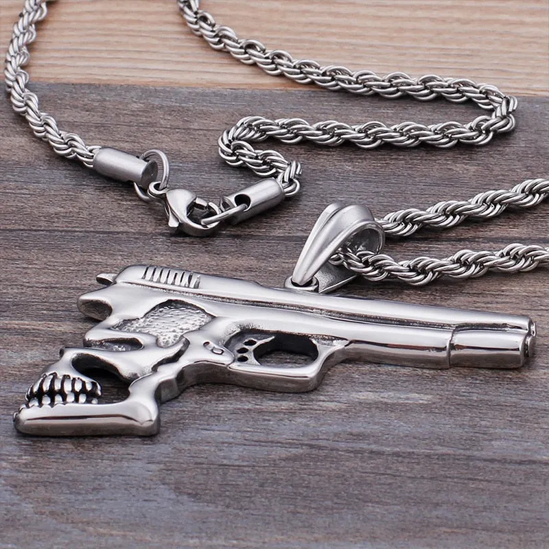 Hip Hop Pistol Skull Pendant Necklace